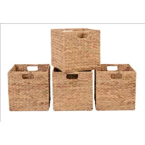 Better Homes & Gardens 11.8 inch Natrual Water Hyacinth Foldable Cube Baskets, Set of 4 - Lightweight & Durable