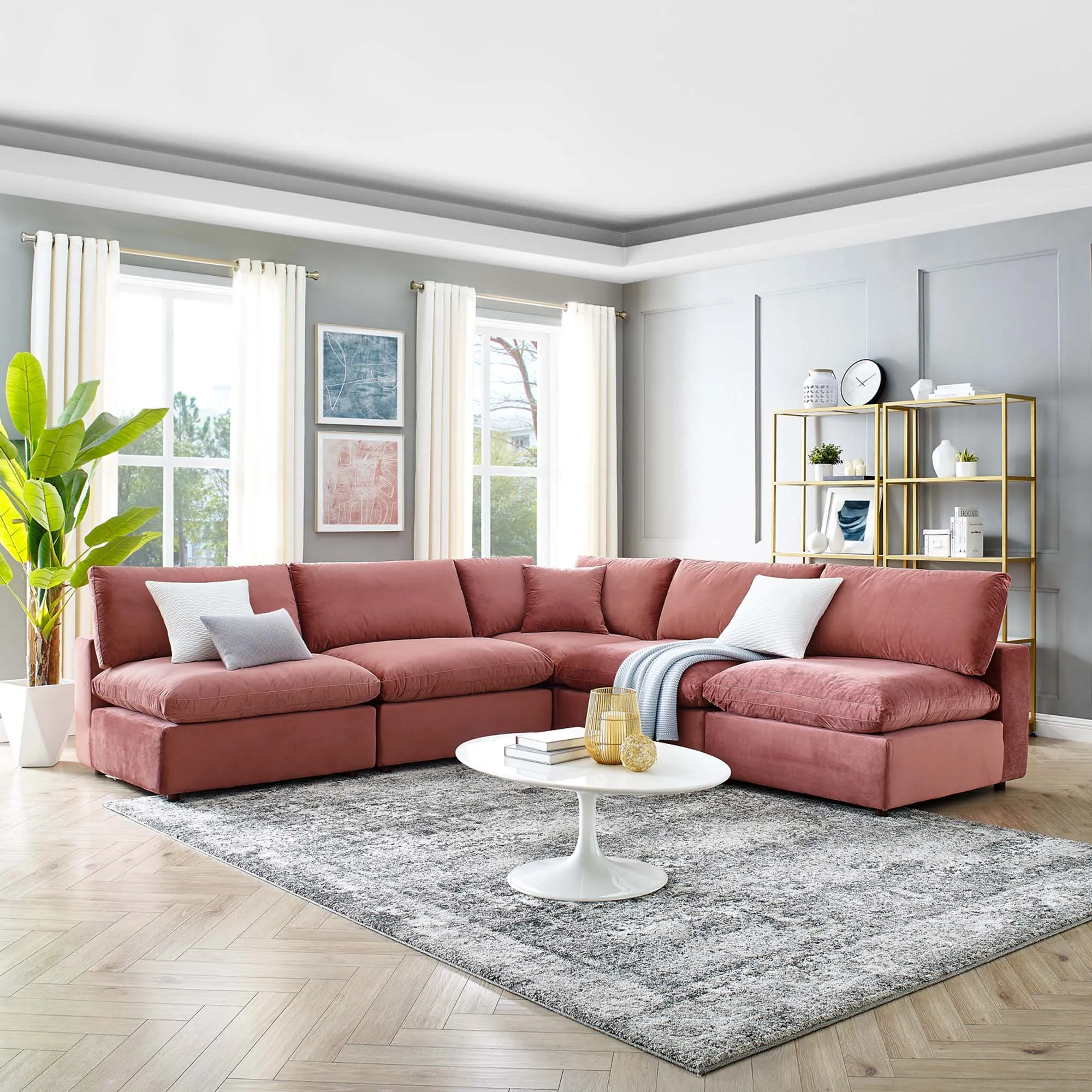 Commix 5-Piece Down Filled Overstuffed Performance Velvet Sectional Sofa by Modway