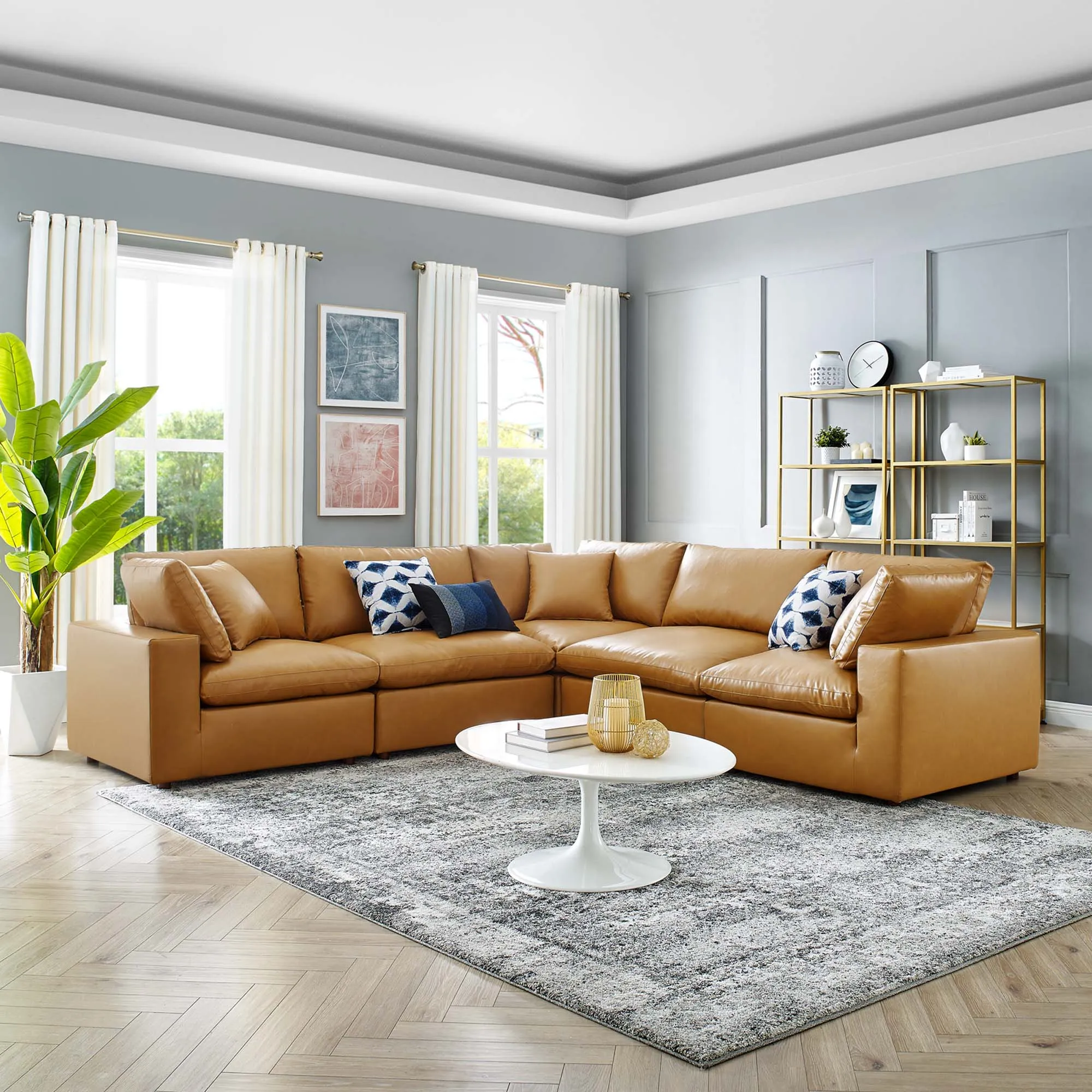 Commix 5-Piece Down Filled Overstuffed Vegan Leather Sectional Sofa by Modway