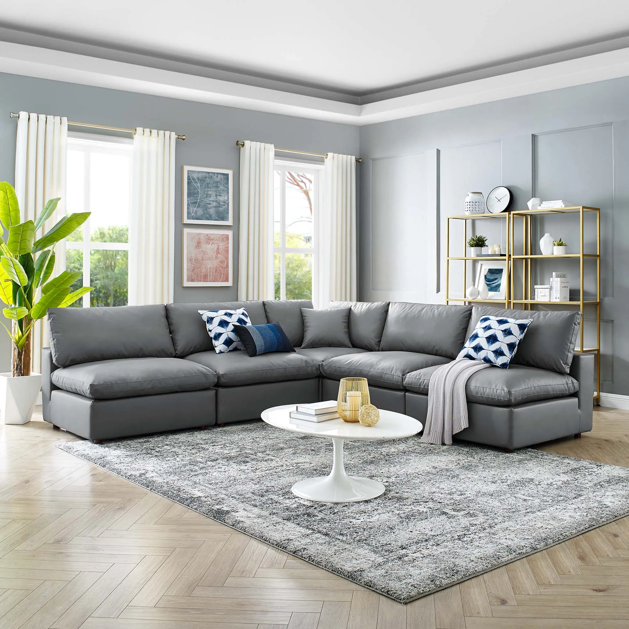 Commix 5-Piece Down Filled Overstuffed Vegan Leather Sectional Sofa by Modway