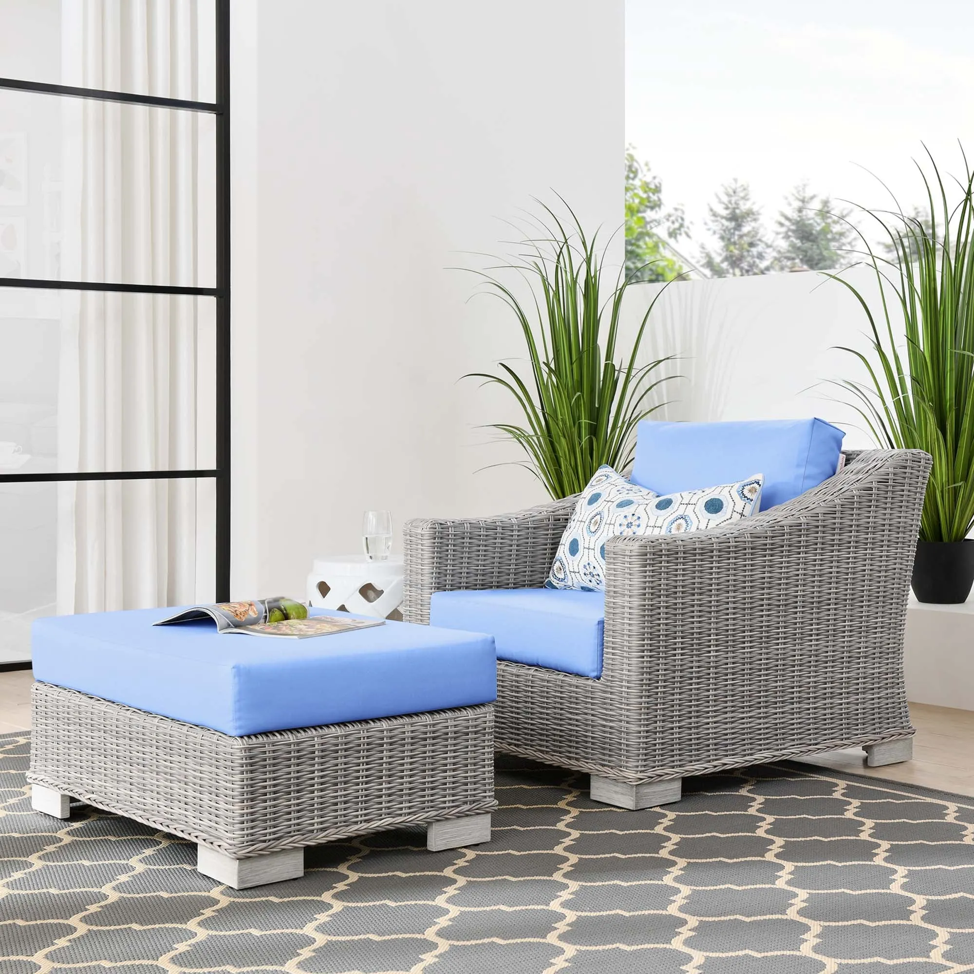 Conway 2-Piece Outdoor Patio Wicker Rattan Armchair and Ottoman Set by Modway