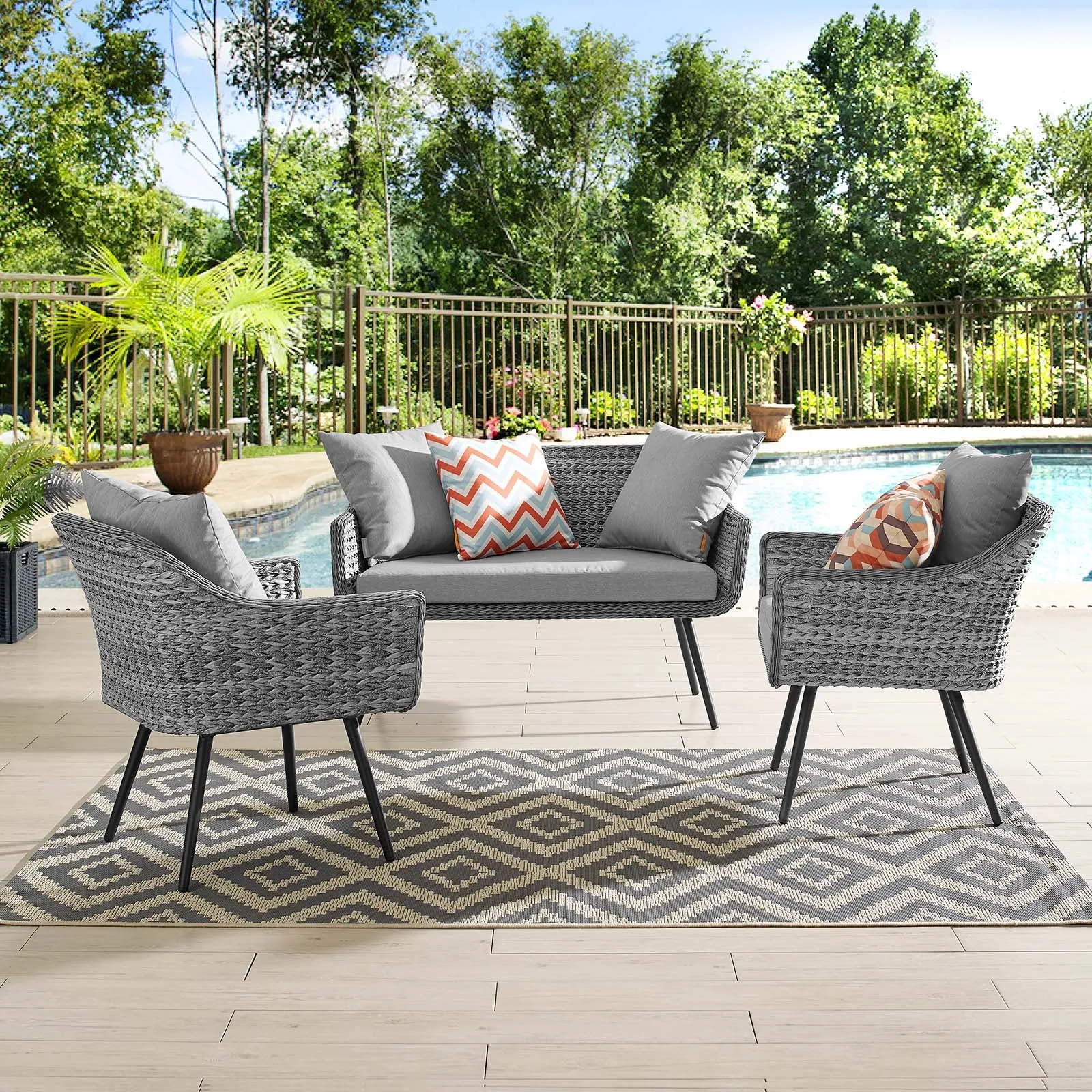 Endeavor 3 Piece Outdoor Patio Wicker Rattan Loveseat and Armchair Set by Modway