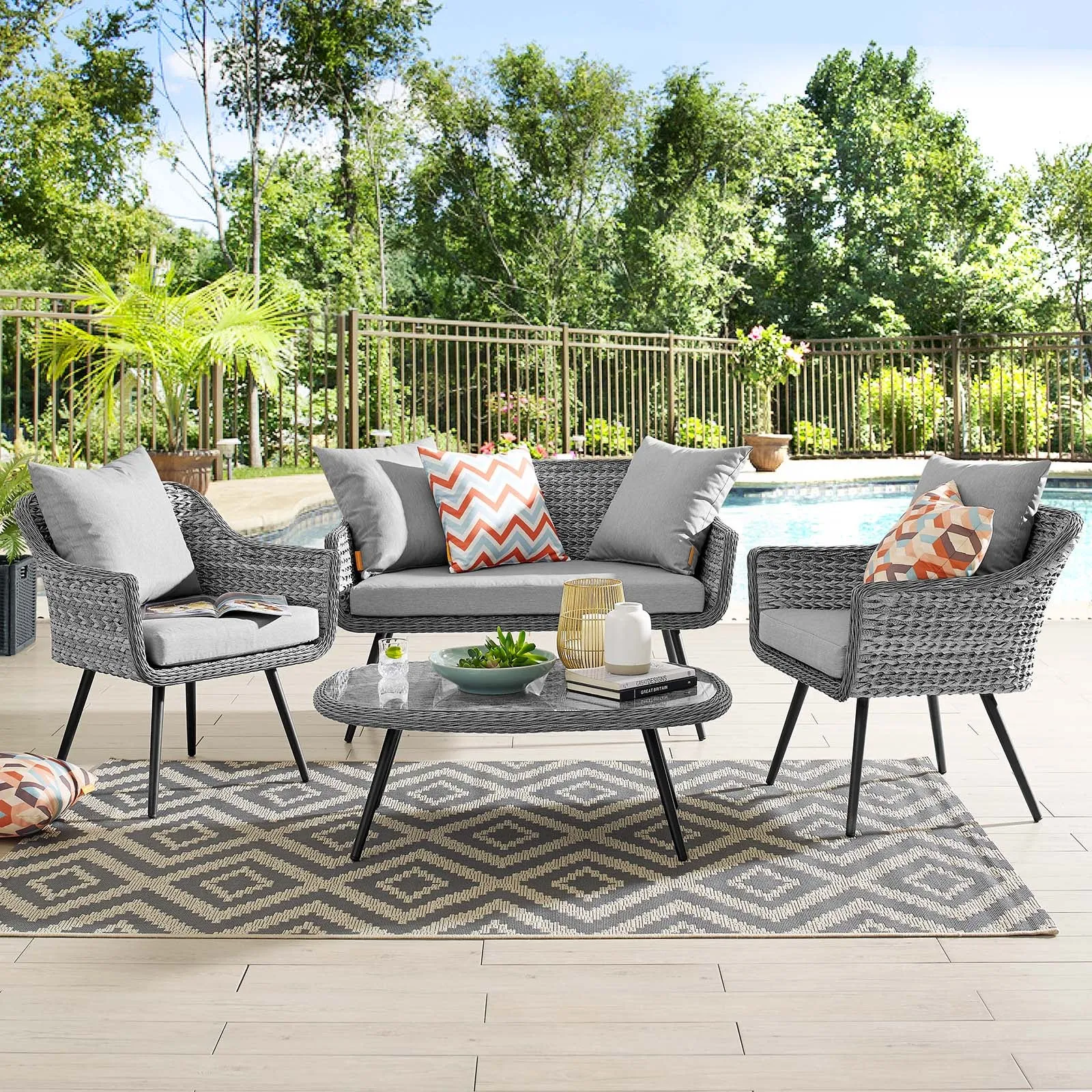 Endeavor 4 Piece Outdoor Patio Wicker Rattan Loveseat Armchair and Coffee Table Set by Modway