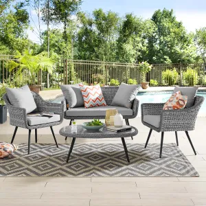 Endeavor 4 Piece Outdoor Patio Wicker Rattan Loveseat Armchair and Coffee Table Set by Modway