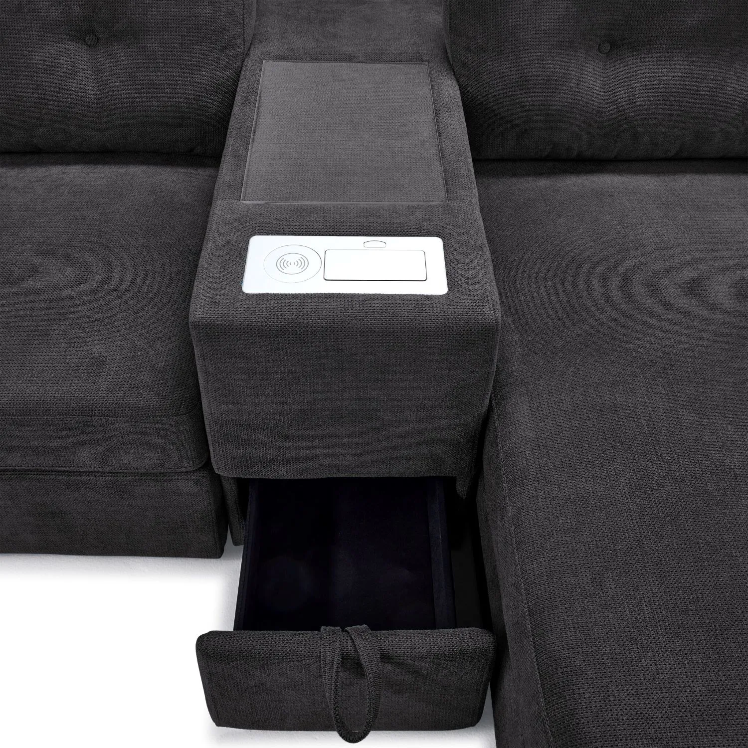 Feeling Connected - Connex 3-Piece Modular Sectional with Chaise and Drawer Console - Dark Grey
