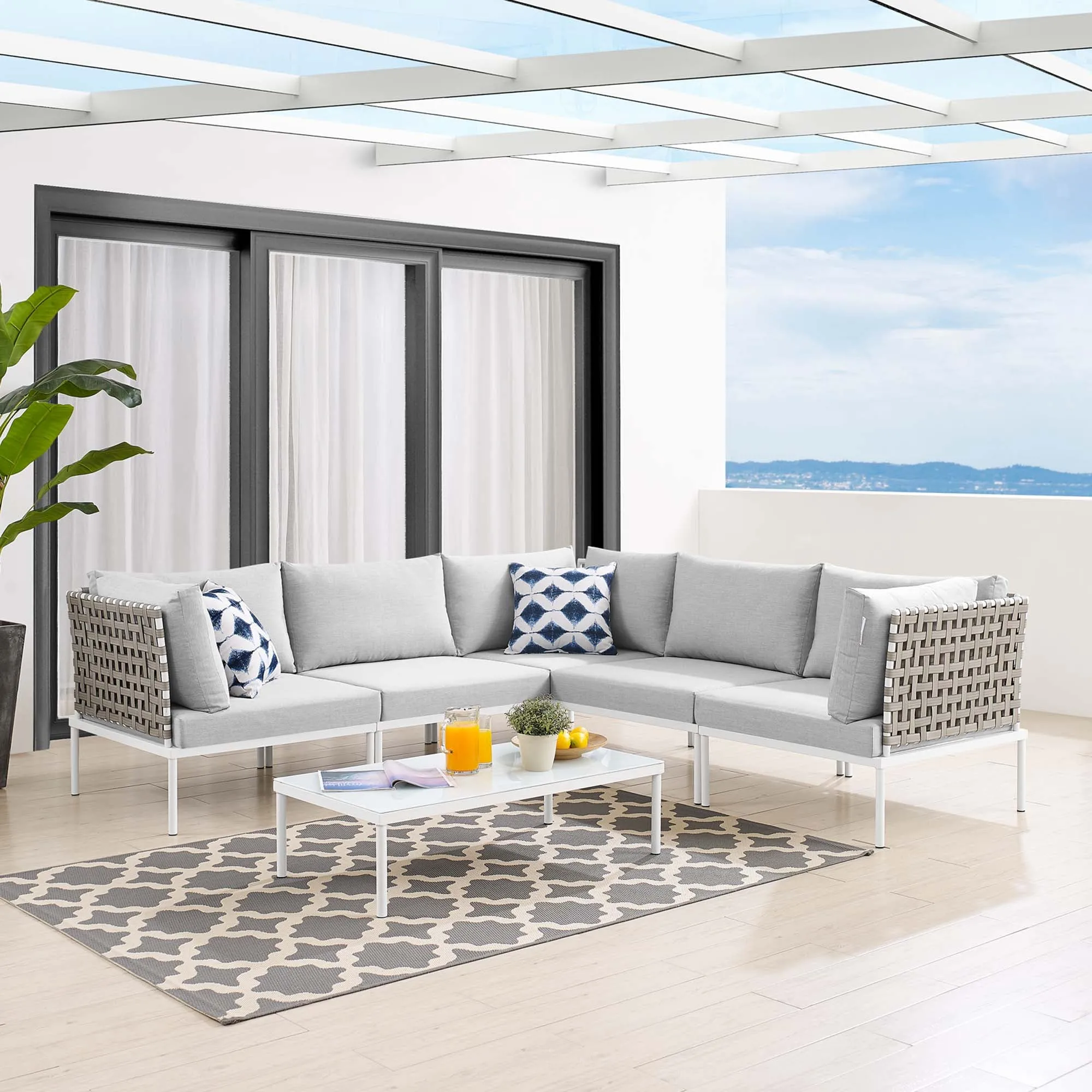 Harmony 6-Piece  Sunbrella® Basket Weave Outdoor Patio Aluminum Sectional Sofa Set by Modway