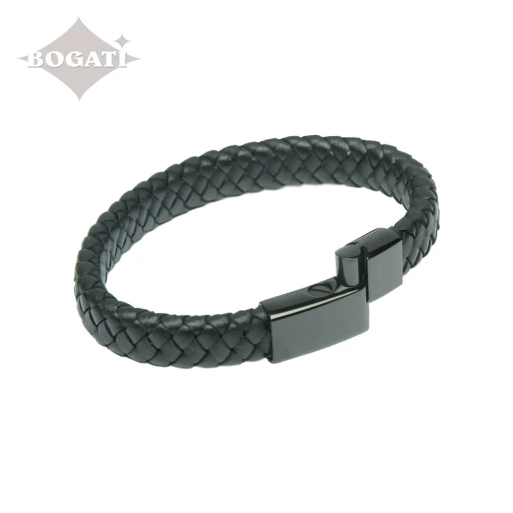 J-BRAC-12 Braided Leather Flat Bracelet with Modern Clasp - 8.5”