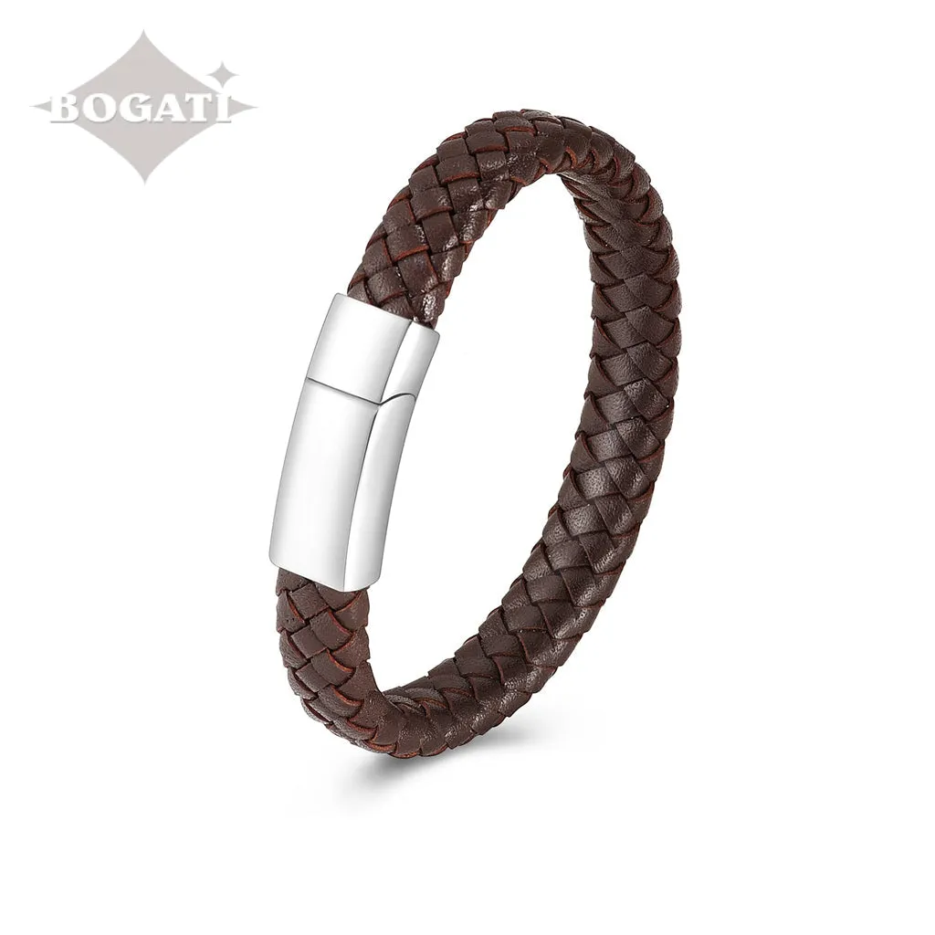J-BRAC-12 Braided Leather Flat Bracelet with Modern Clasp - 8.5”