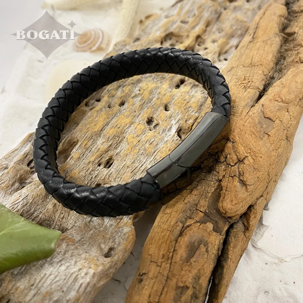 J-BRAC-12 Braided Leather Flat Bracelet with Modern Clasp - 8.5”