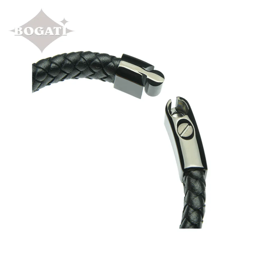 J-BRAC-12 Braided Leather Flat Bracelet with Modern Clasp - 8.5”