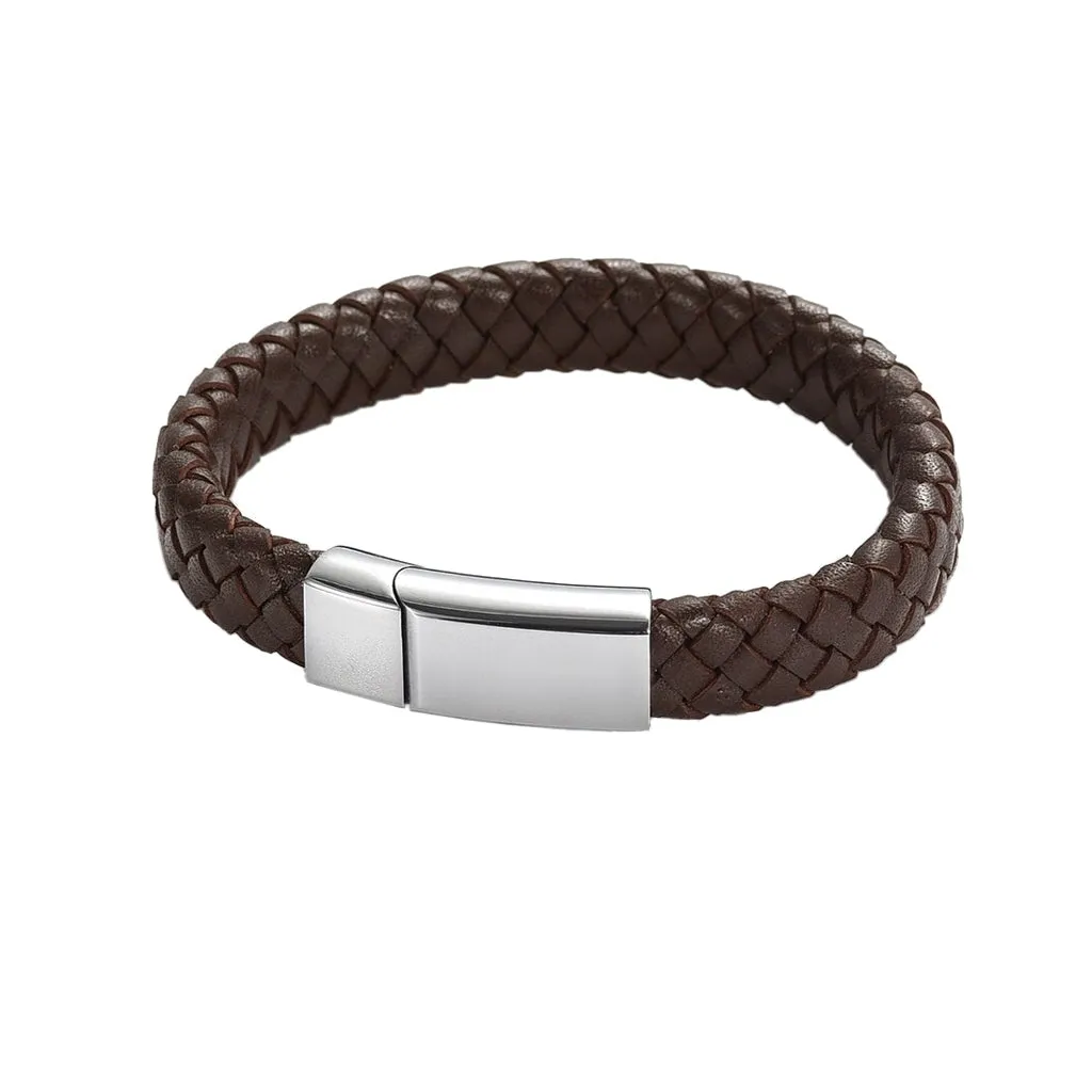 J-BRAC-12 Braided Leather Flat Bracelet with Modern Clasp - 8.5”