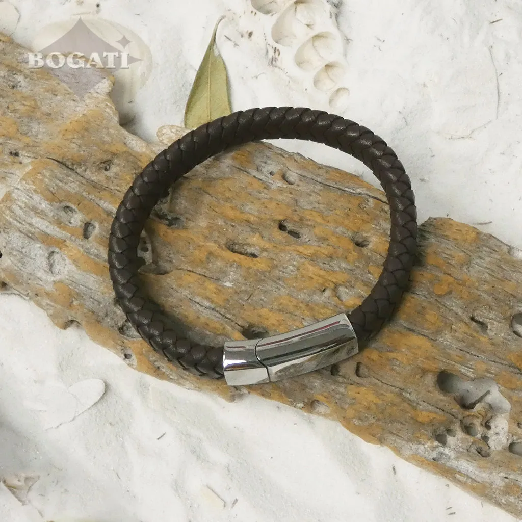 J-BRAC-12 Braided Leather Flat Bracelet with Modern Clasp - 8.5”