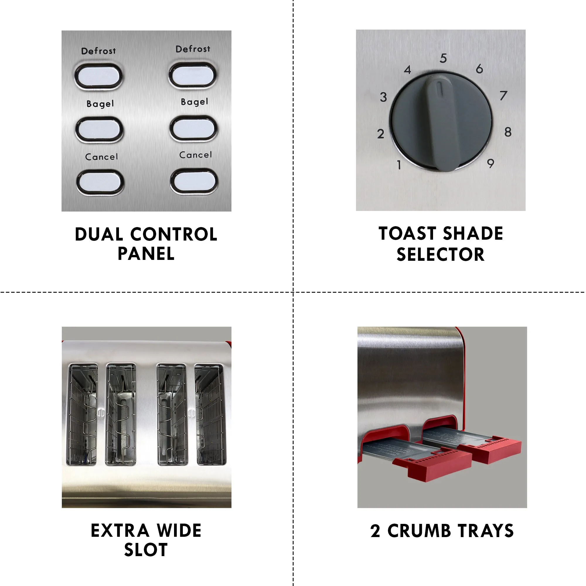 Kenmore 4-Slice Toaster, Red Stainless Steel, Dual Controls, Extra Wide Slots, Bagel and Defrost Functions, 9 Browning Levels, Removable Crumb Trays, for Bread, Toast, English Muffin, Toaster Strudel