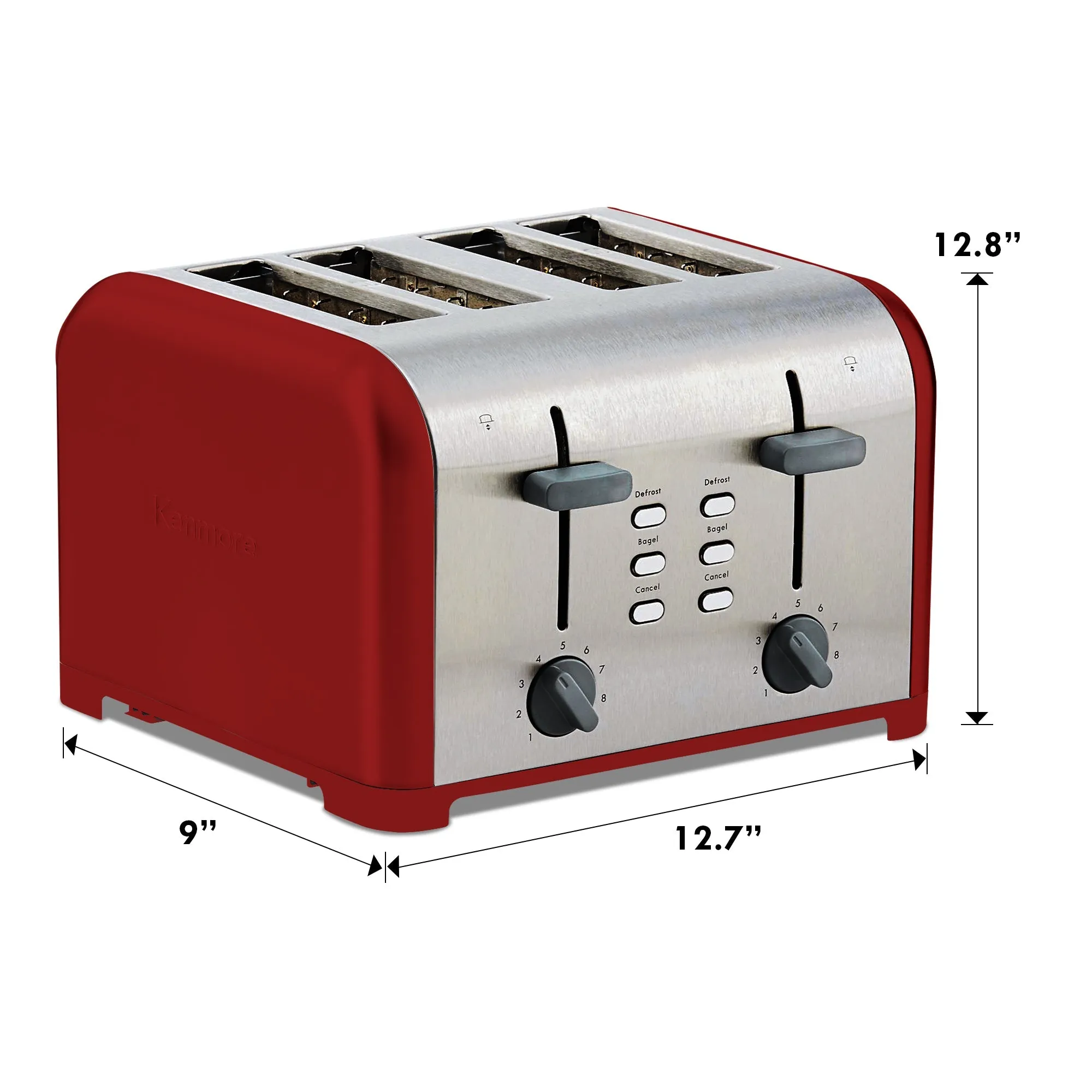 Kenmore 4-Slice Toaster, Red Stainless Steel, Dual Controls, Extra Wide Slots, Bagel and Defrost Functions, 9 Browning Levels, Removable Crumb Trays, for Bread, Toast, English Muffin, Toaster Strudel