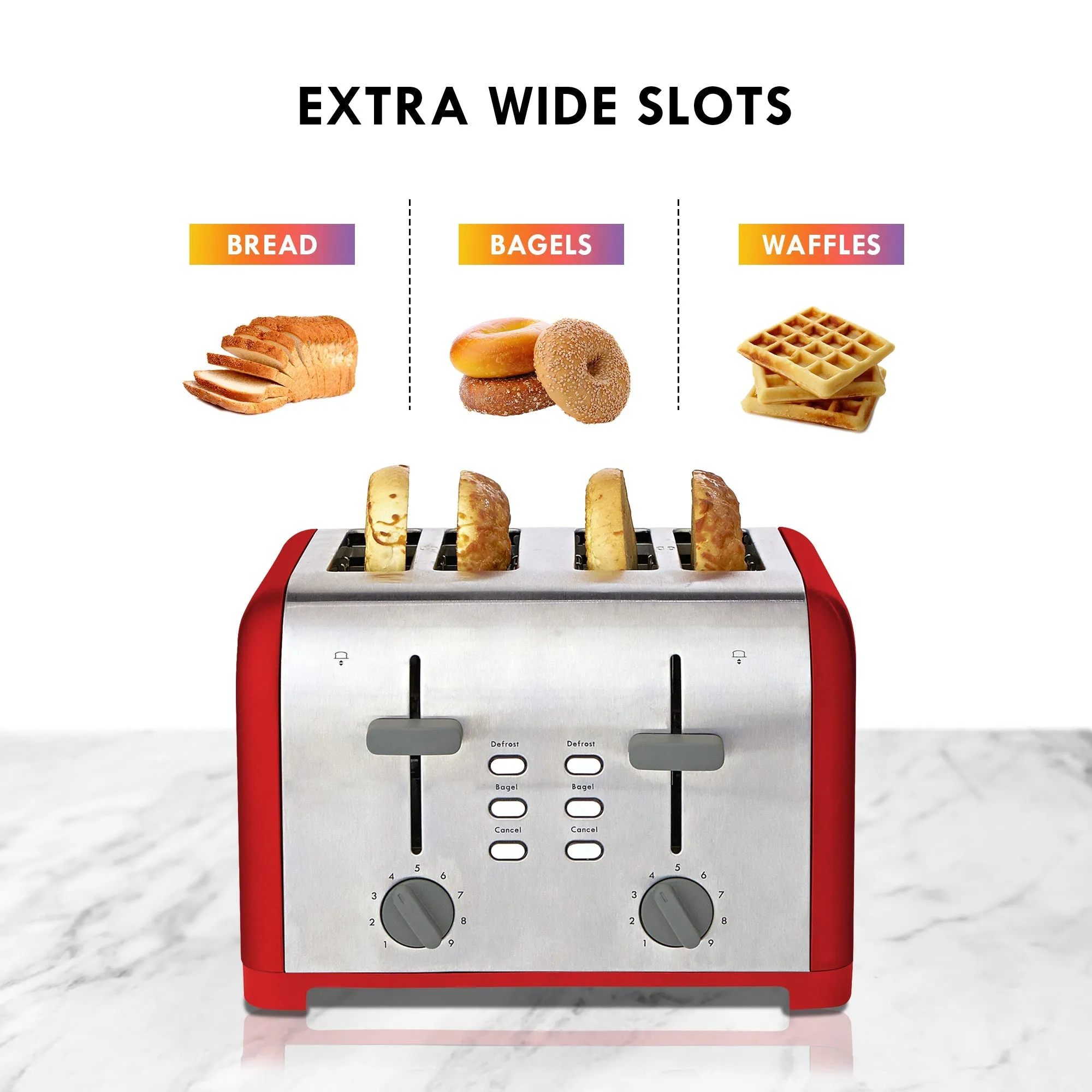 Kenmore 4-Slice Toaster, Red Stainless Steel, Dual Controls, Extra Wide Slots, Bagel and Defrost Functions, 9 Browning Levels, Removable Crumb Trays, for Bread, Toast, English Muffin, Toaster Strudel