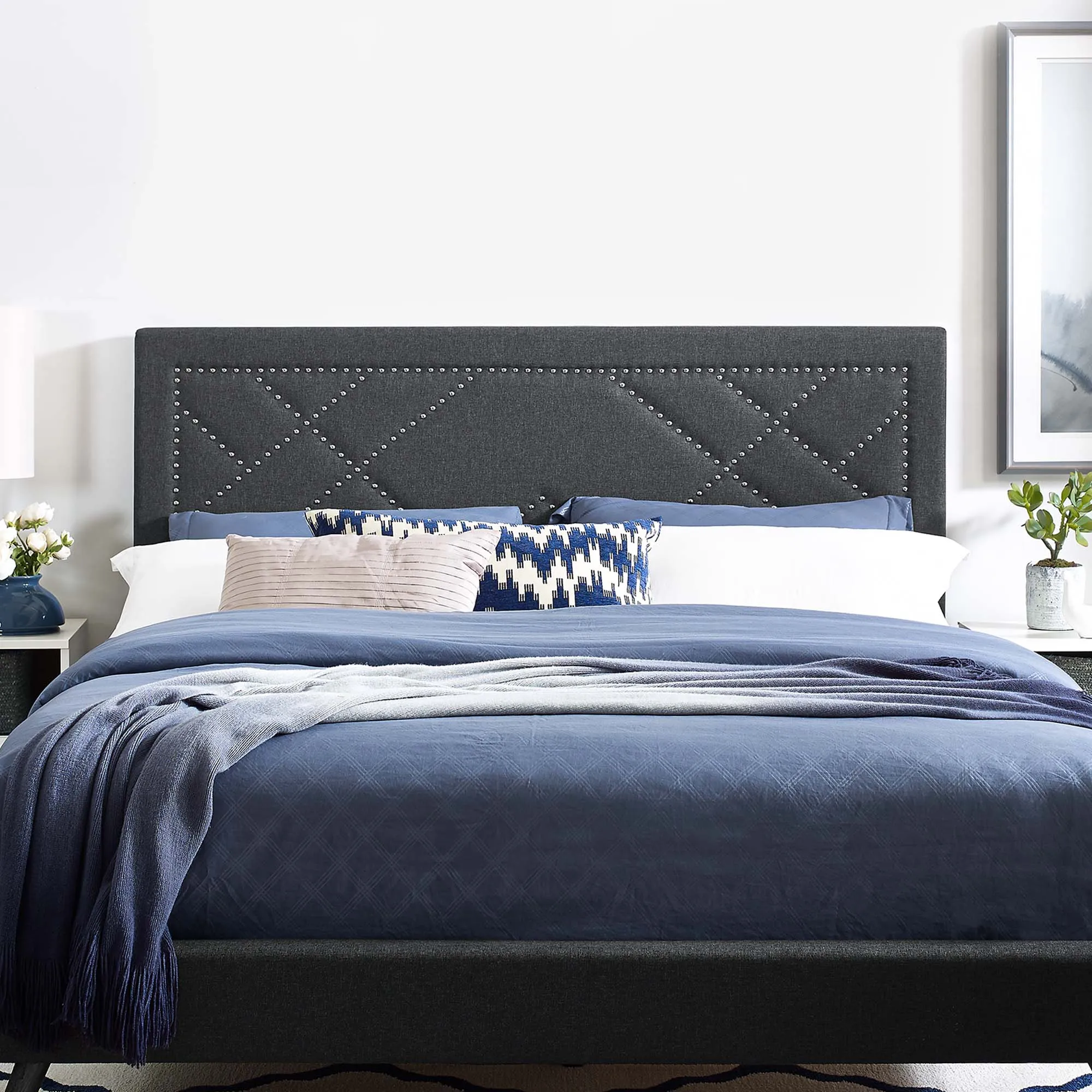Reese Nailhead Upholstered Linen Fabric Headboard by Modway