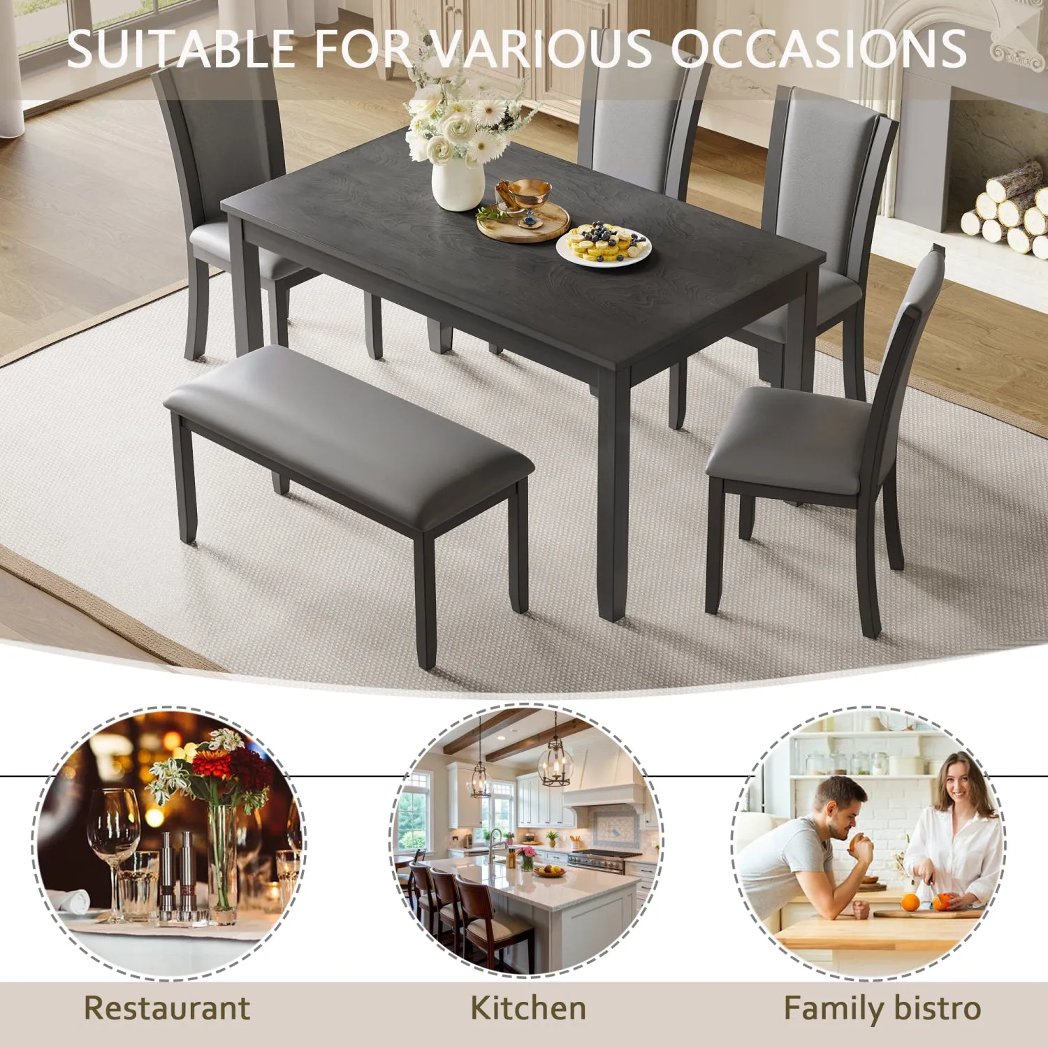 Streamdale 6-Piece Grey Dining Table Set with Bench