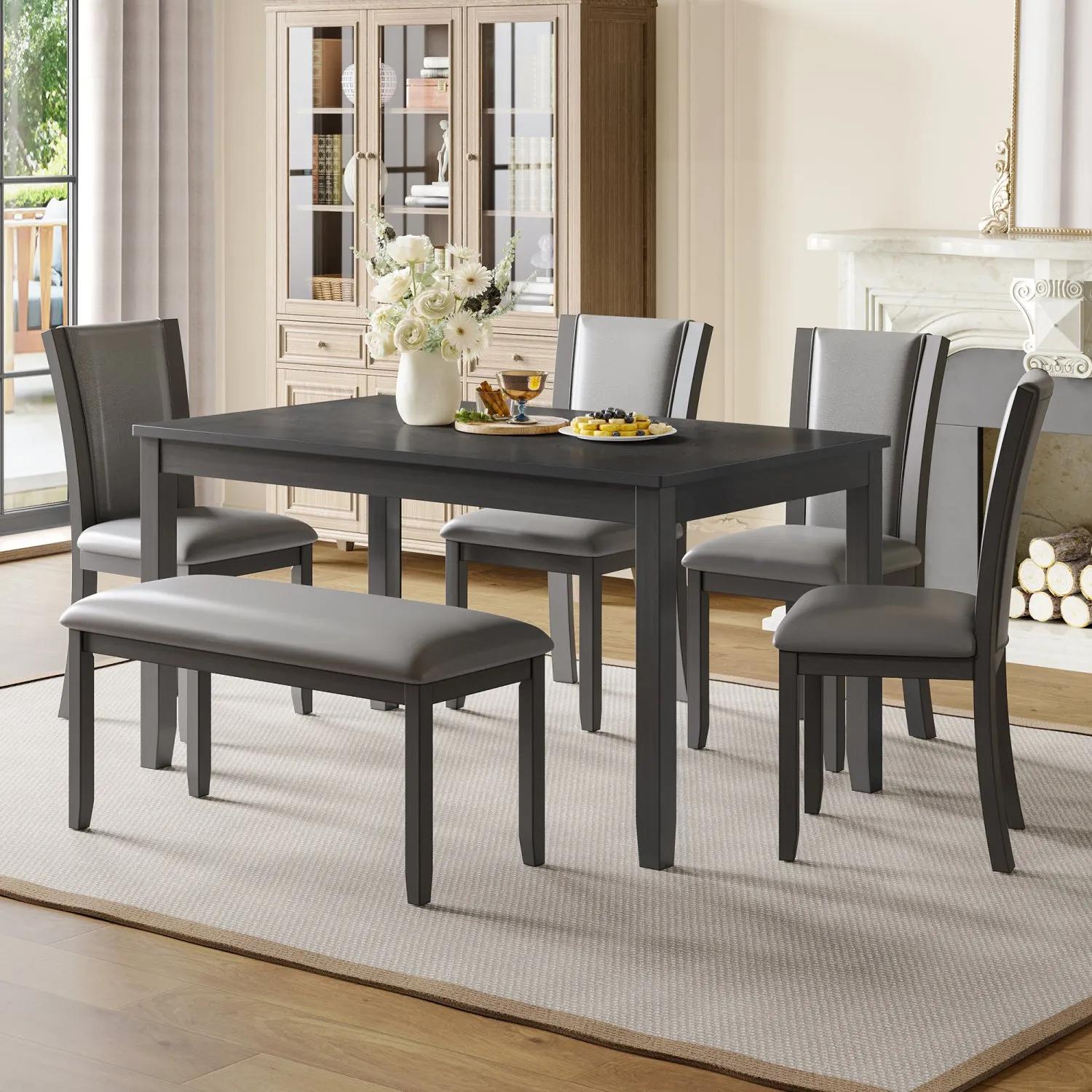 Streamdale 6-Piece Grey Dining Table Set with Bench