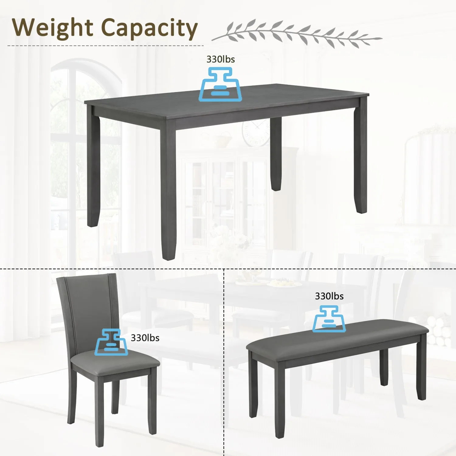 Streamdale 6-Piece Grey Dining Table Set with Bench