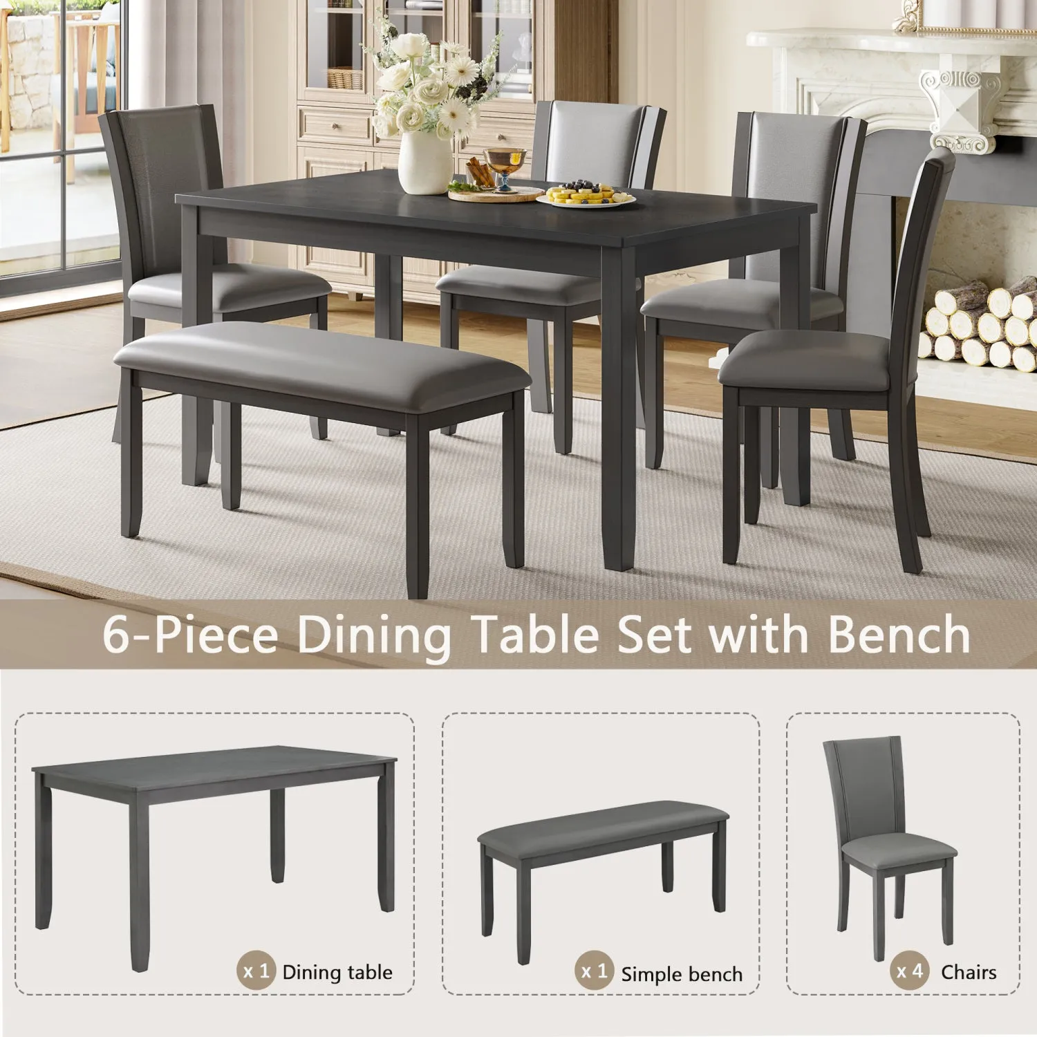 Streamdale 6-Piece Grey Dining Table Set with Bench