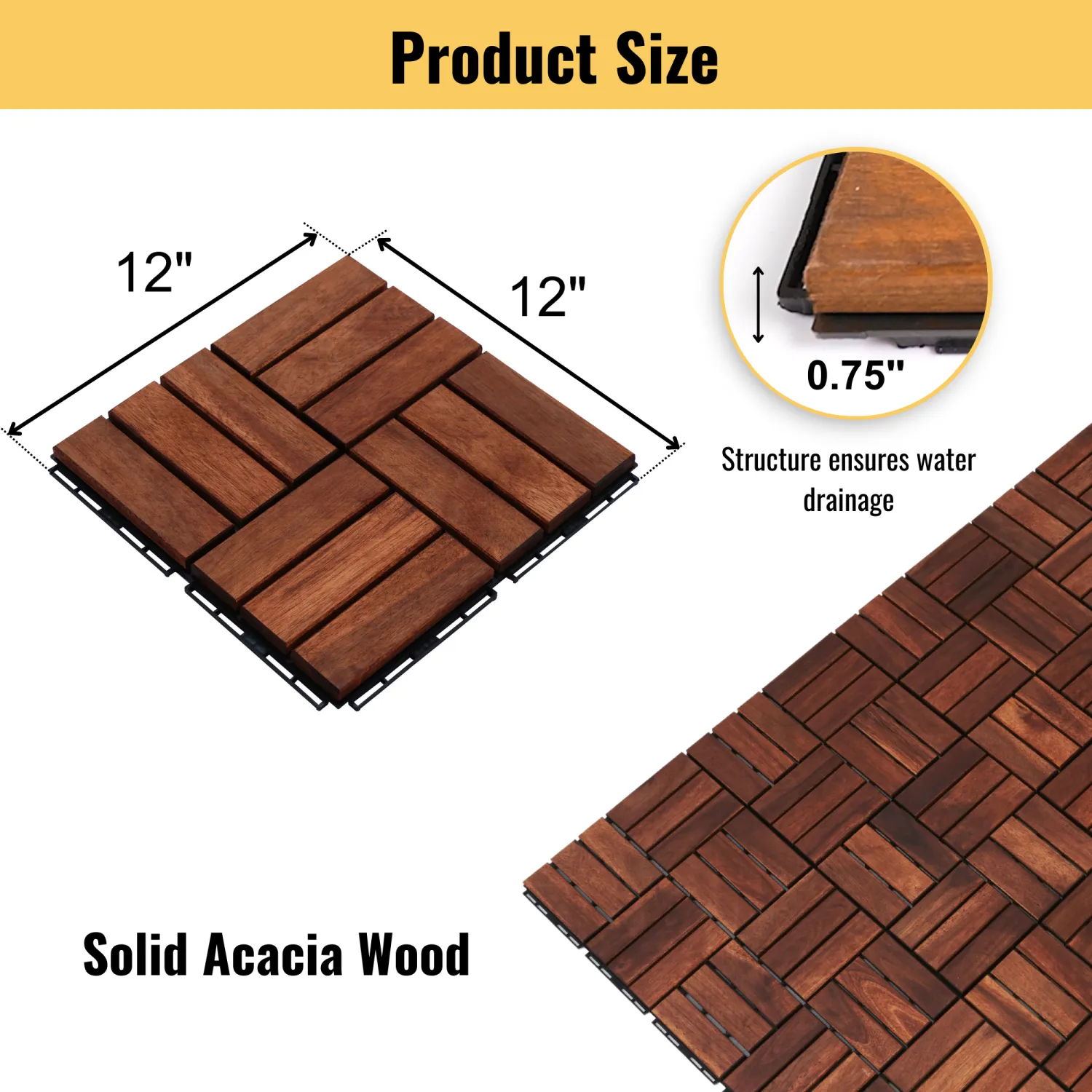 Streamdale Acacia Wood Deck Tiles, Checker, 30 PCS 12"x12" Outdoor Flooring
