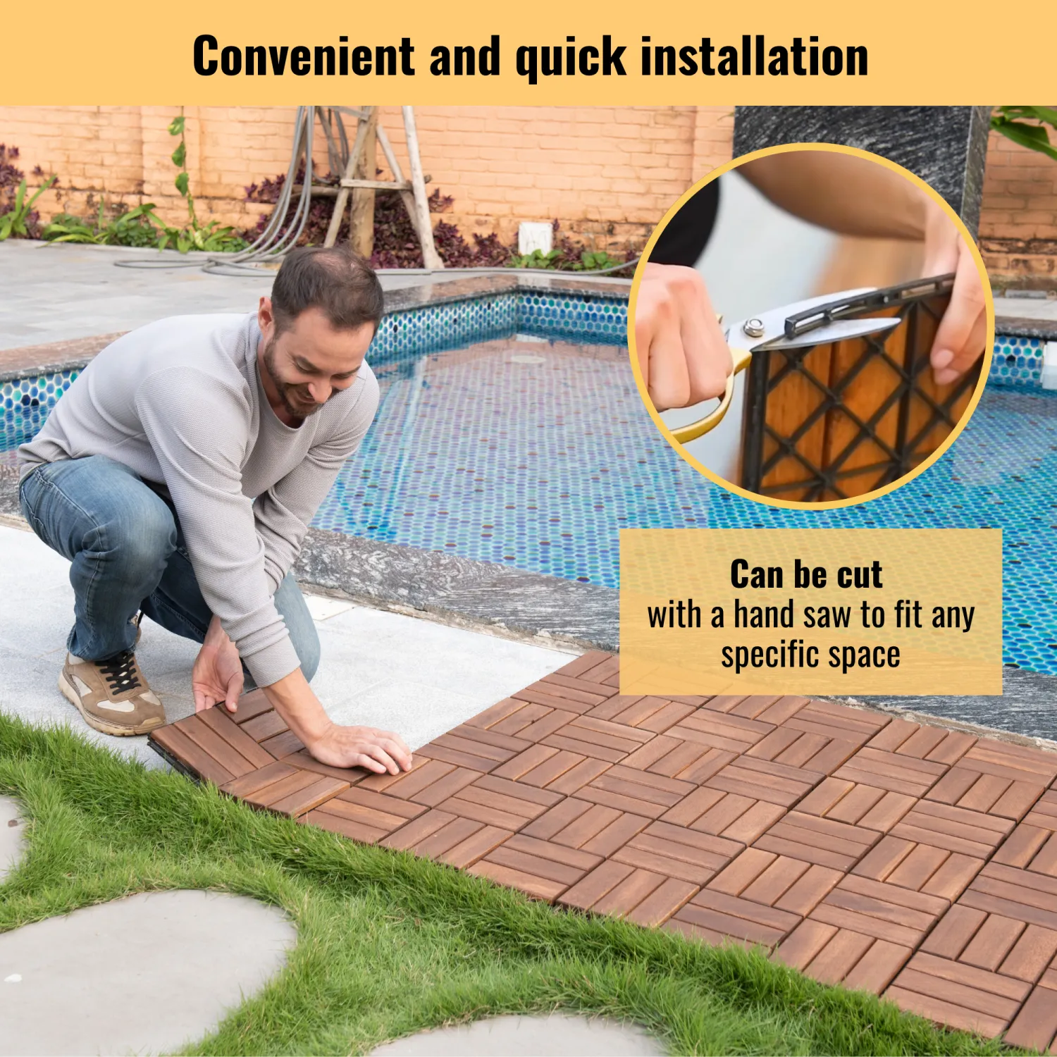 Streamdale Acacia Wood Deck Tiles, Checker, 30 PCS 12"x12" Outdoor Flooring