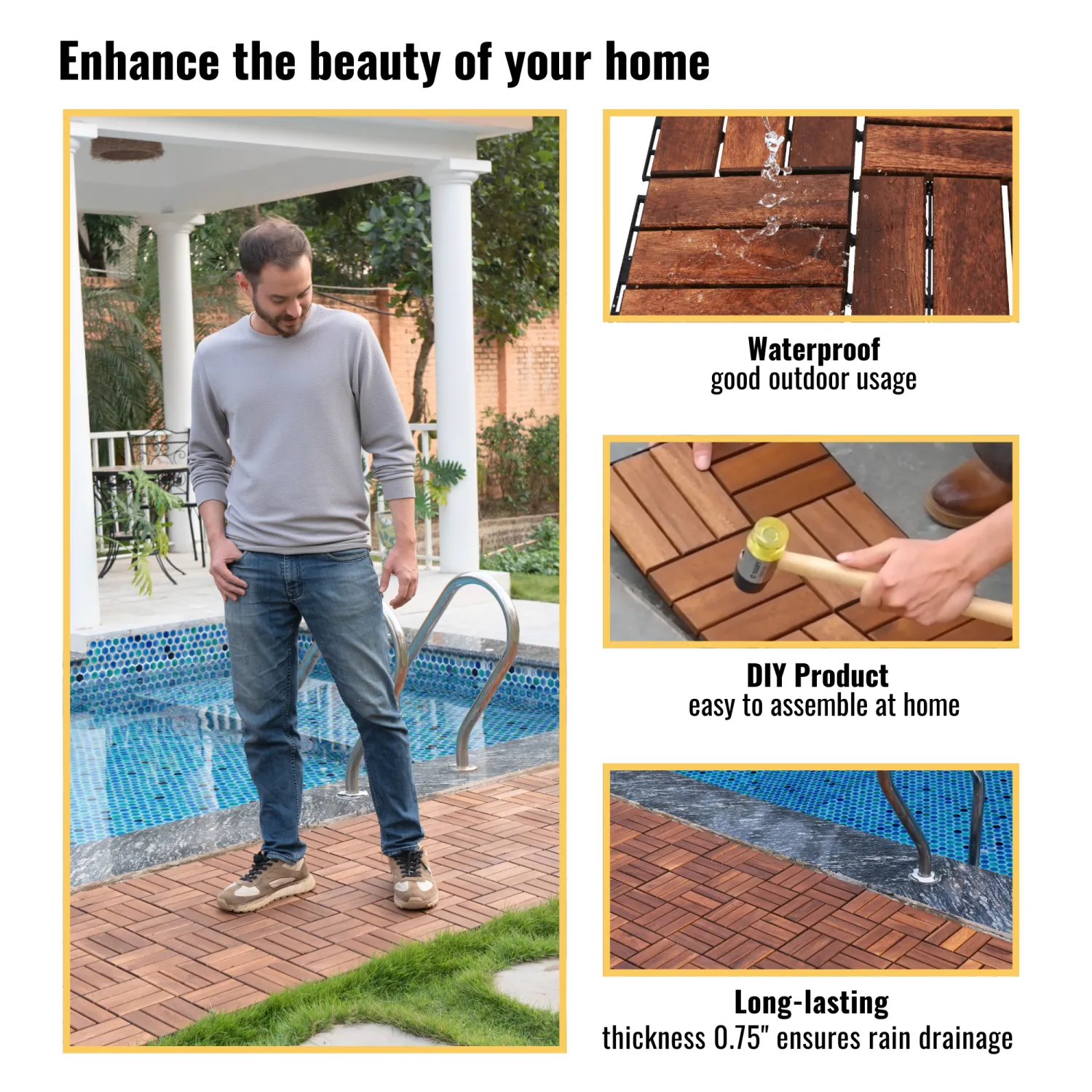Streamdale Acacia Wood Deck Tiles, Checker, 30 PCS 12"x12" Outdoor Flooring