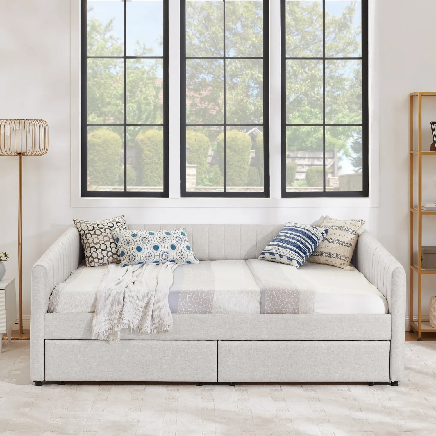 Streamdale Beige Linen Upholstered Daybed with Trundle