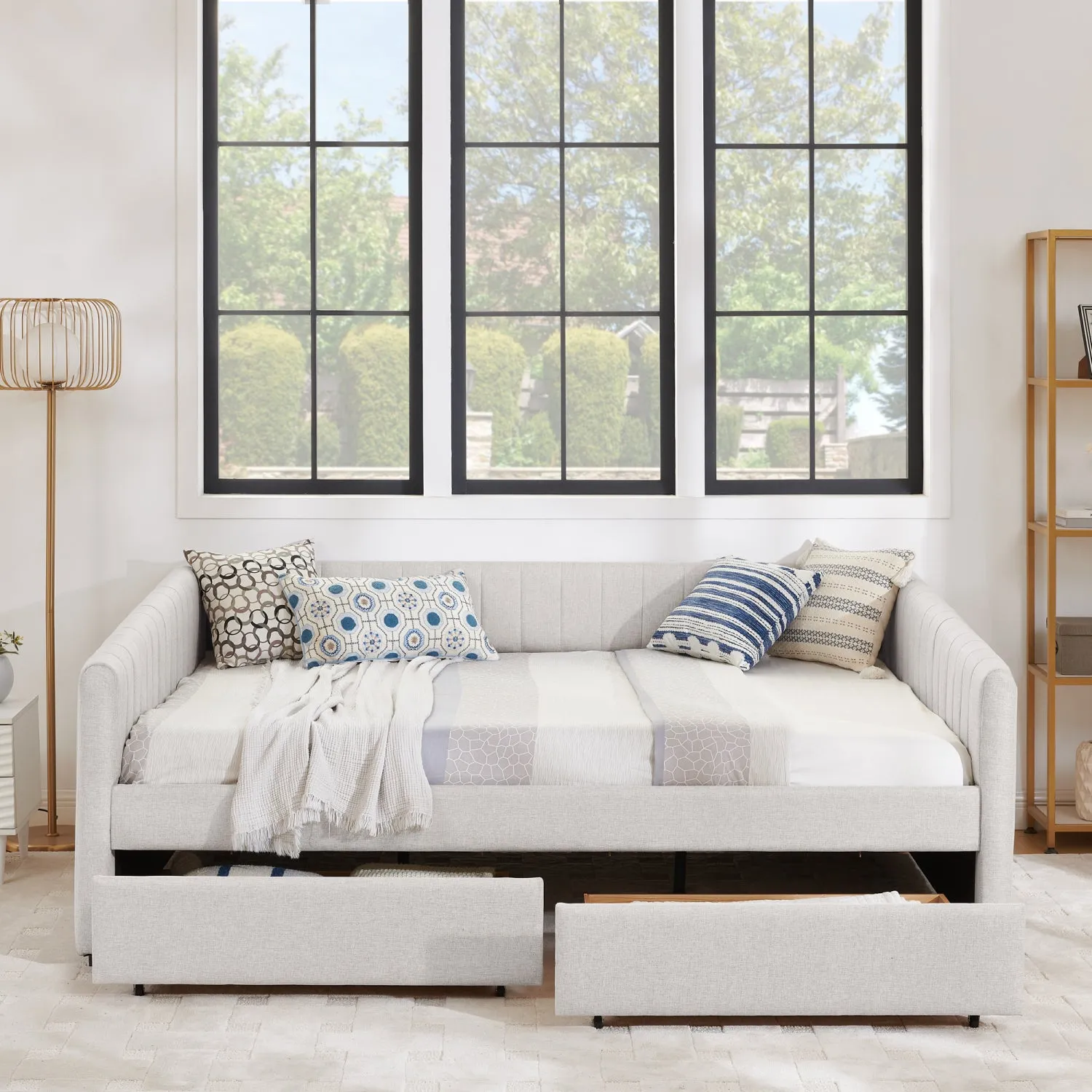 Streamdale Beige Linen Upholstered Daybed with Trundle