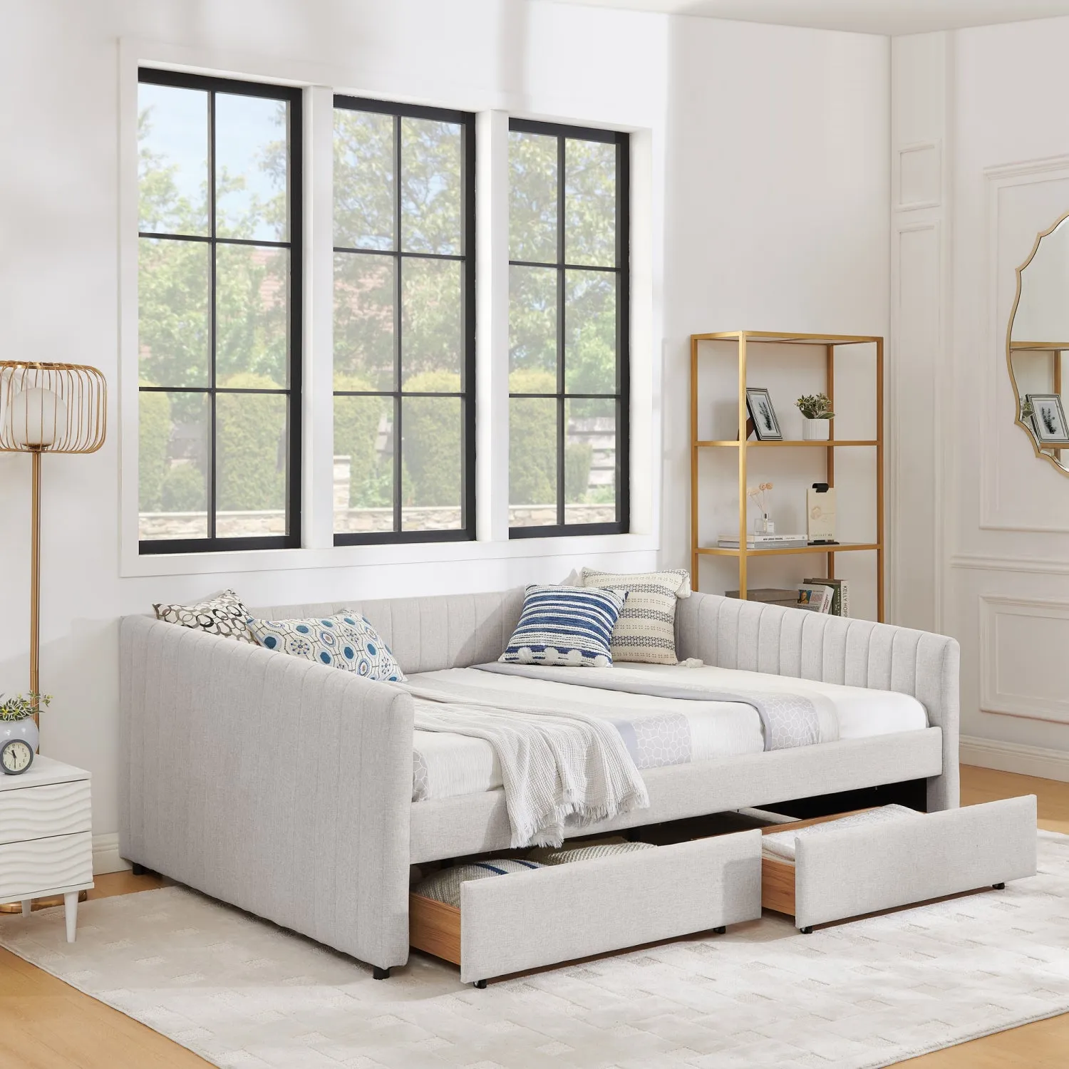 Streamdale Beige Linen Upholstered Daybed with Trundle