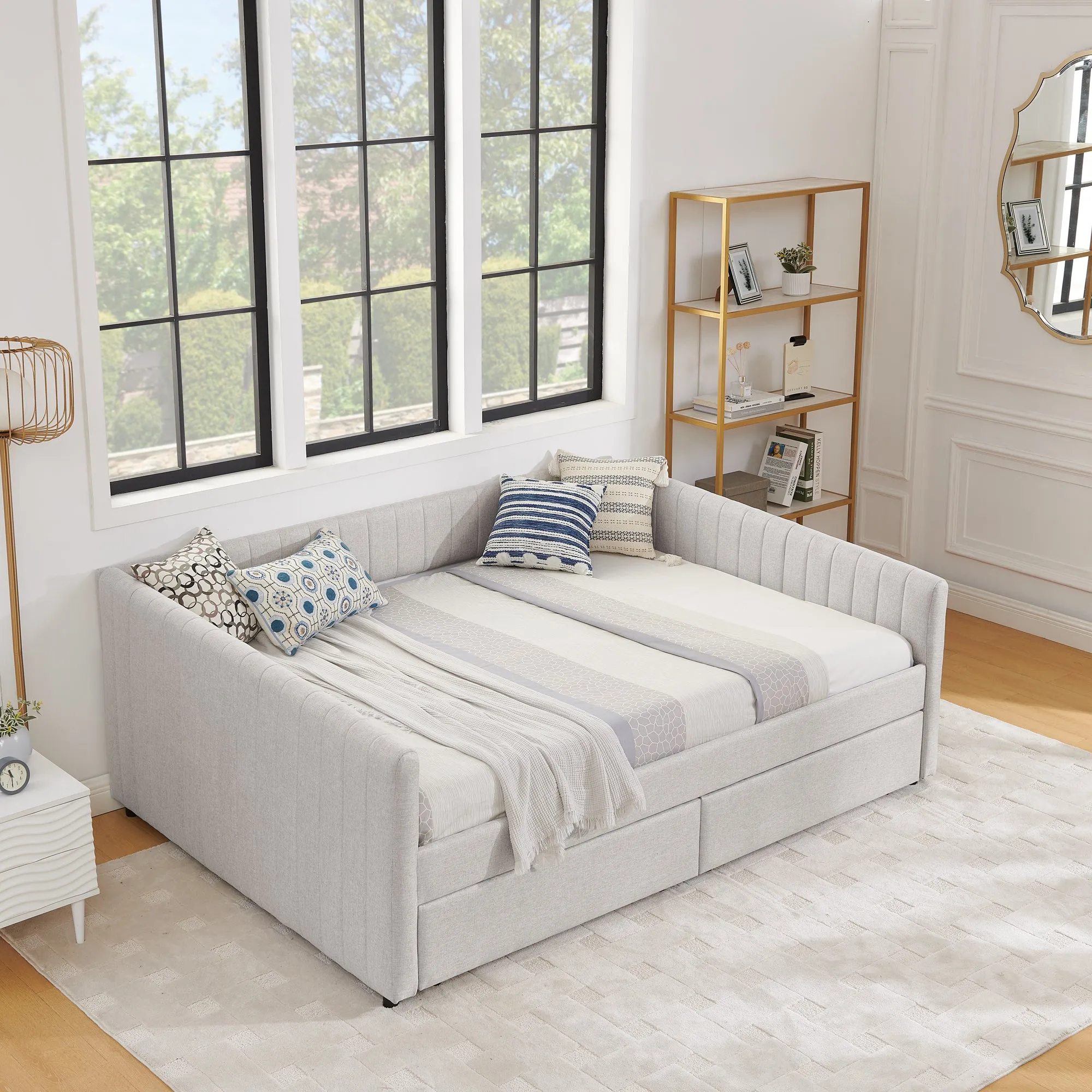 Streamdale Beige Linen Upholstered Daybed with Trundle