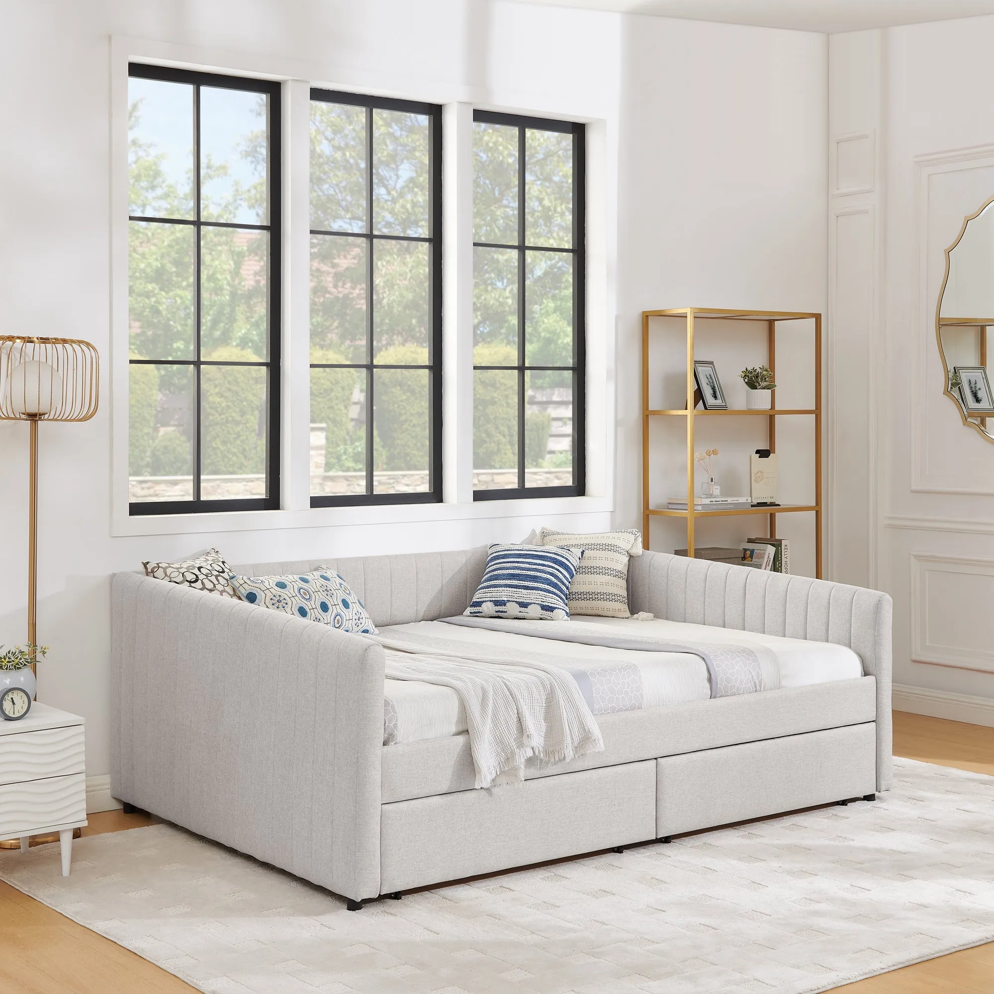 Streamdale Beige Linen Upholstered Daybed with Trundle