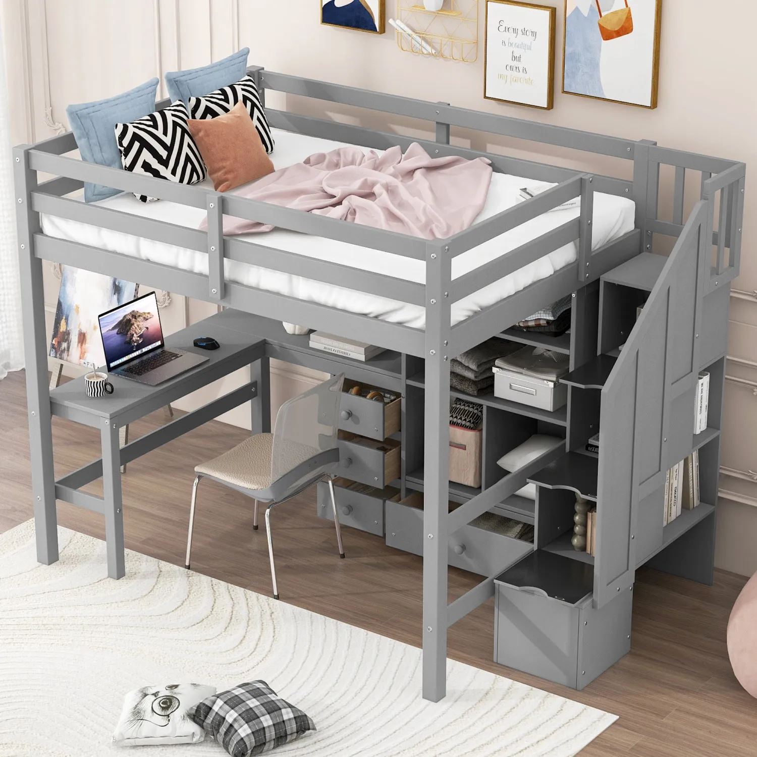 Streamdale Full Loft Bed with Desk, Drawers & Storage Staircase