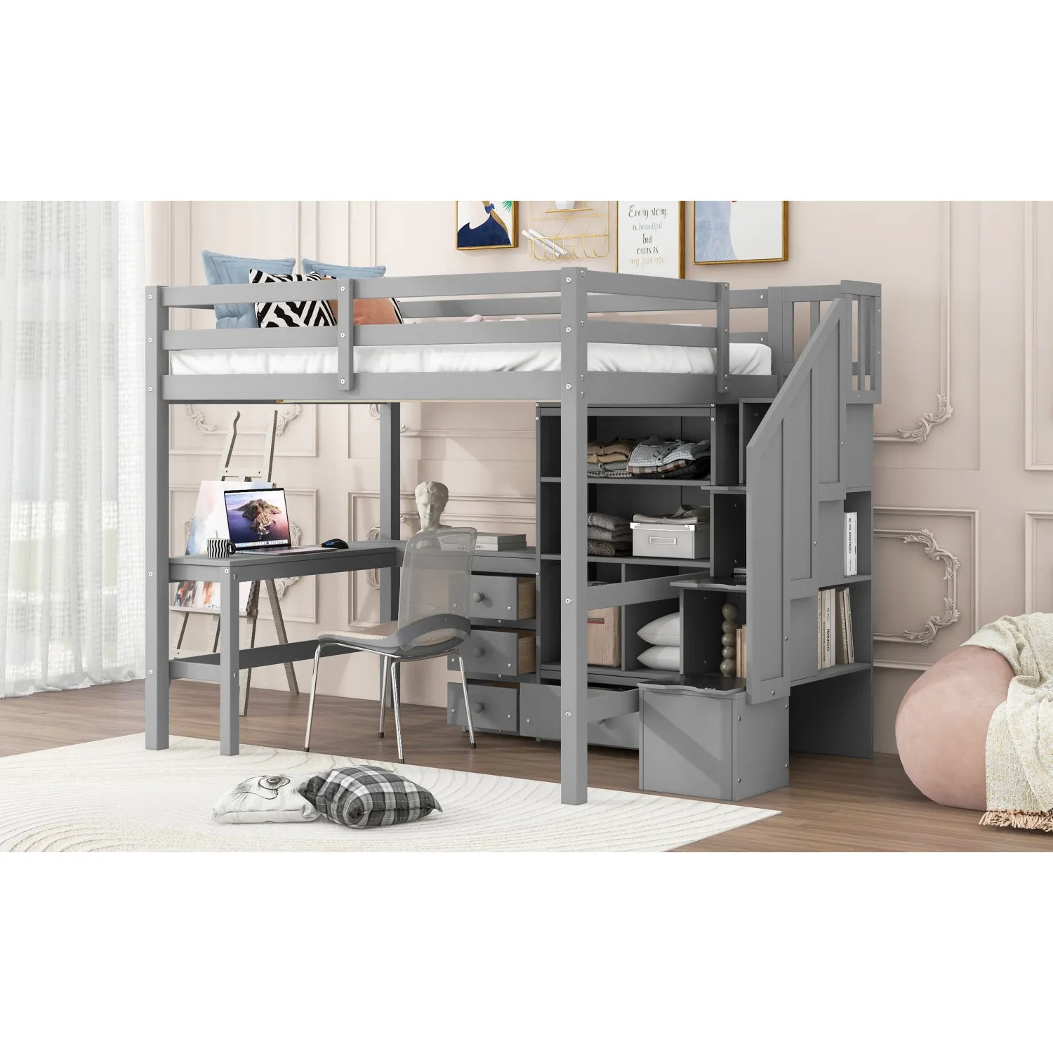 Streamdale Full Loft Bed with Desk, Drawers & Storage Staircase
