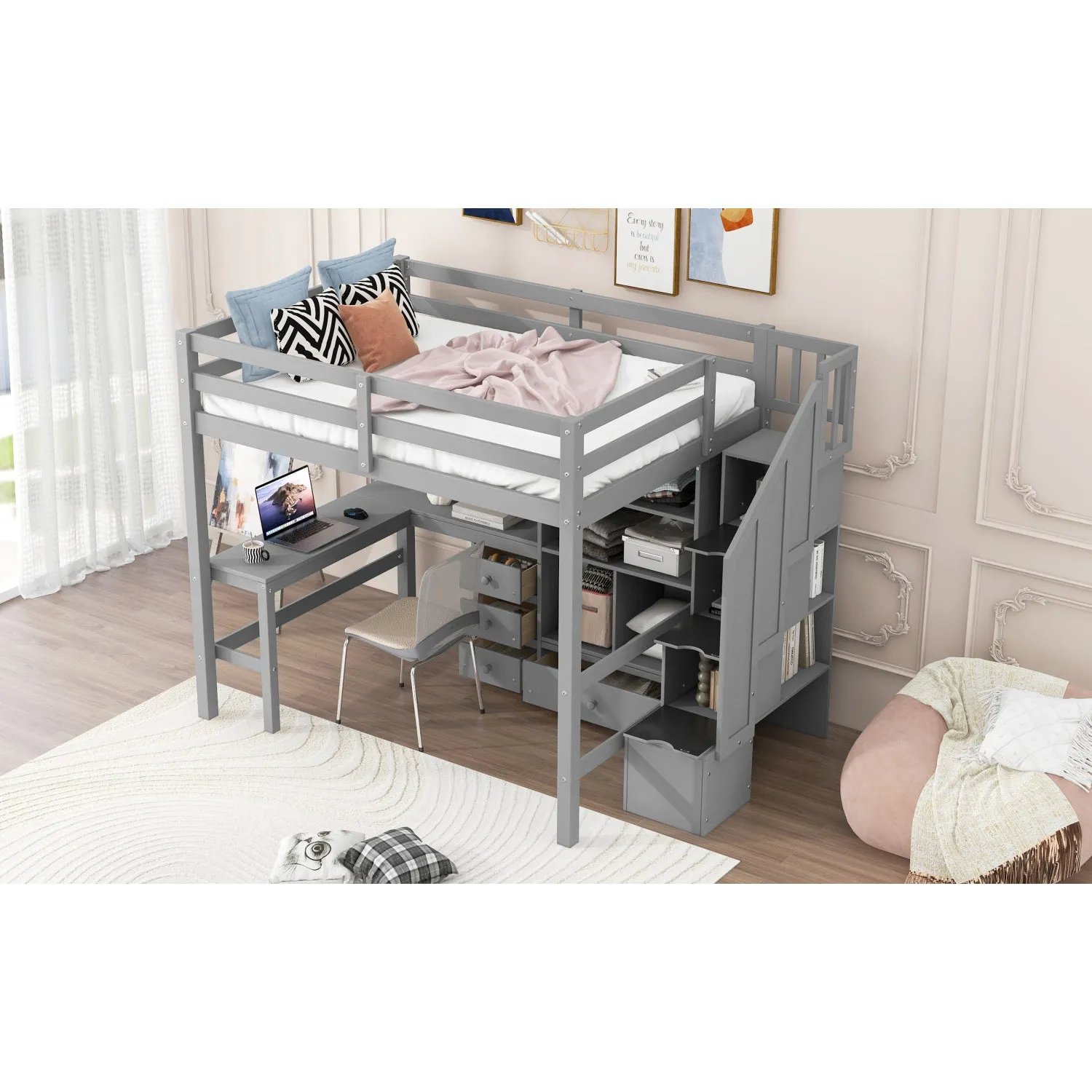 Streamdale Full Loft Bed with Desk, Drawers & Storage Staircase