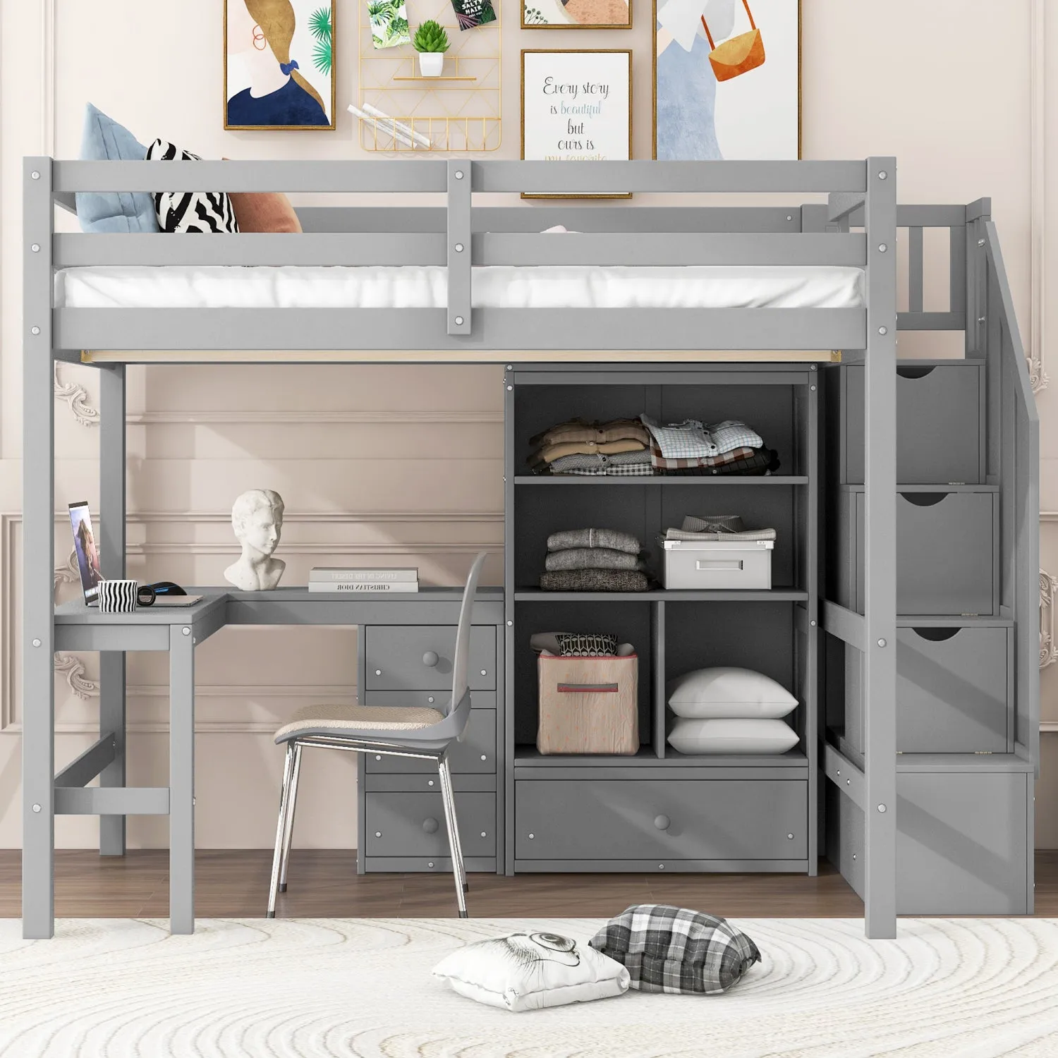 Streamdale Full Loft Bed with Desk, Drawers & Storage Staircase