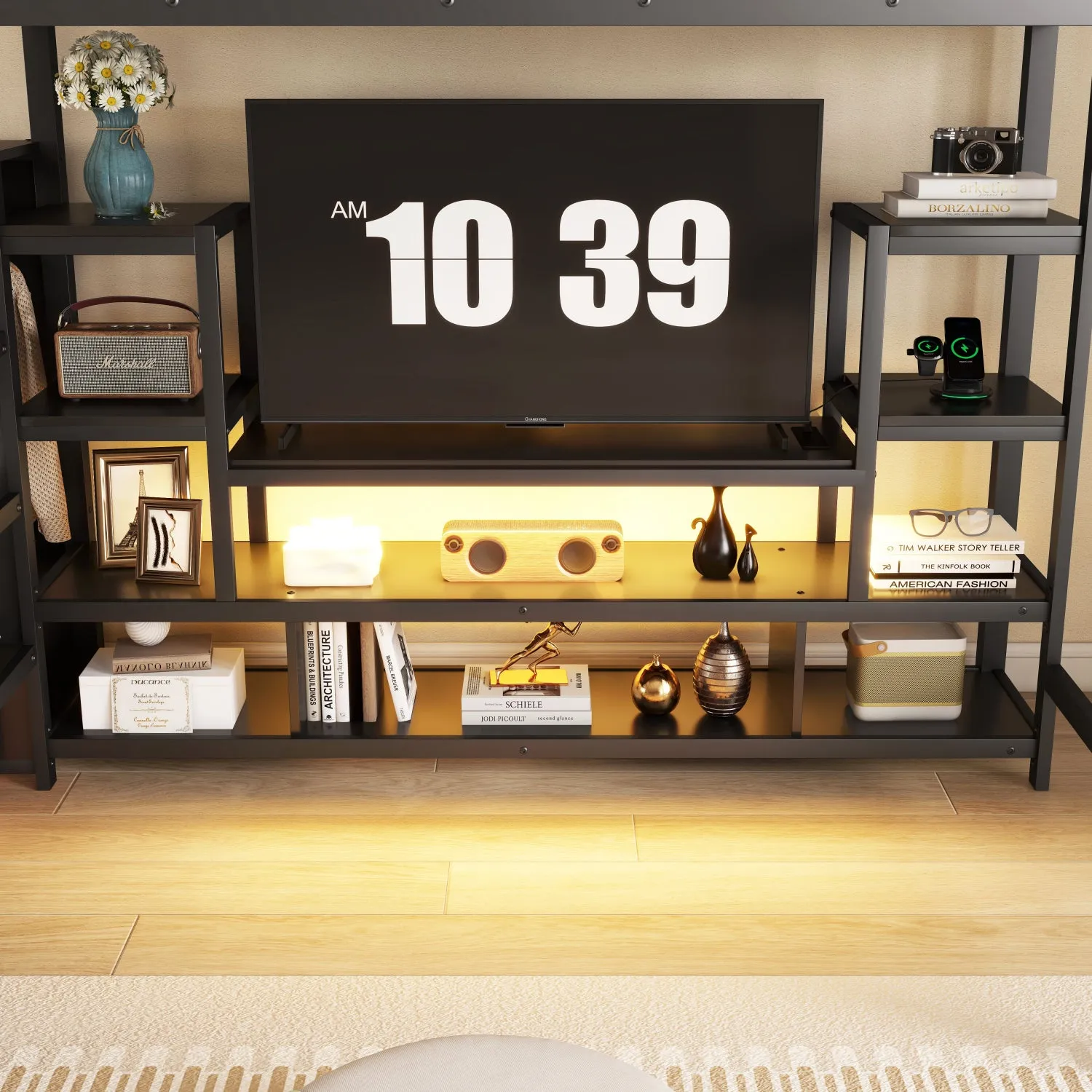 Streamdale Full Size Black Metal Loft Bed with Stairs & Wardrobe