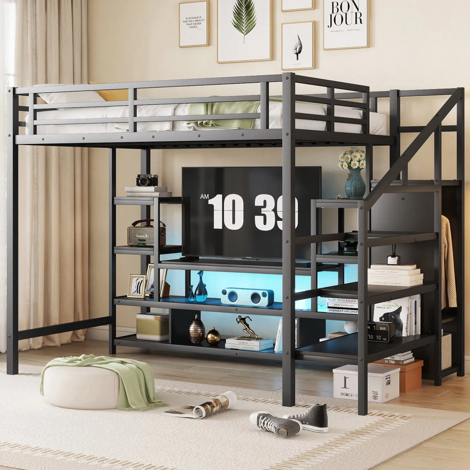 Streamdale Full Size Black Metal Loft Bed with Stairs & Wardrobe