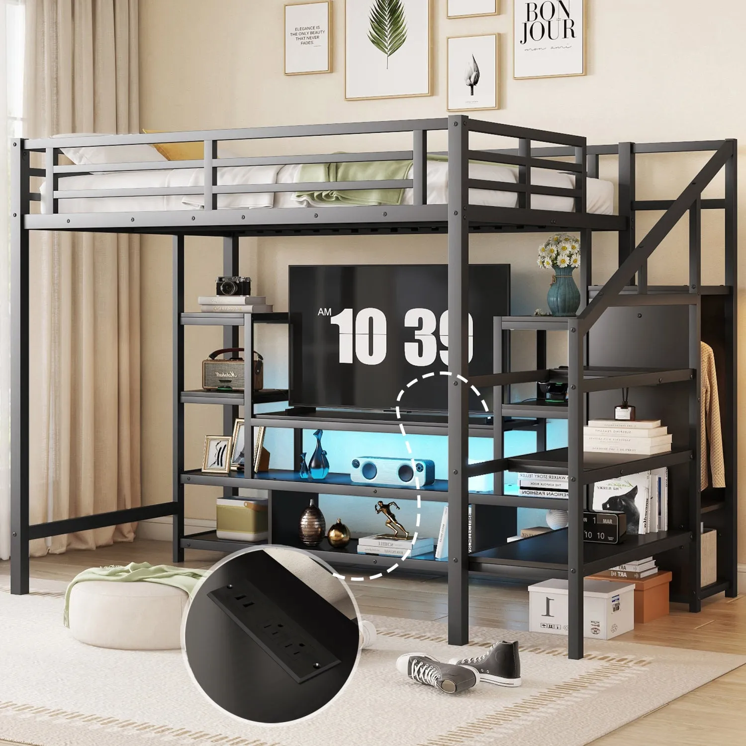 Streamdale Full Size Black Metal Loft Bed with Stairs & Wardrobe