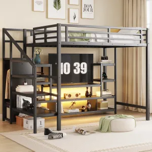 Streamdale Full Size Black Metal Loft Bed with Stairs & Wardrobe