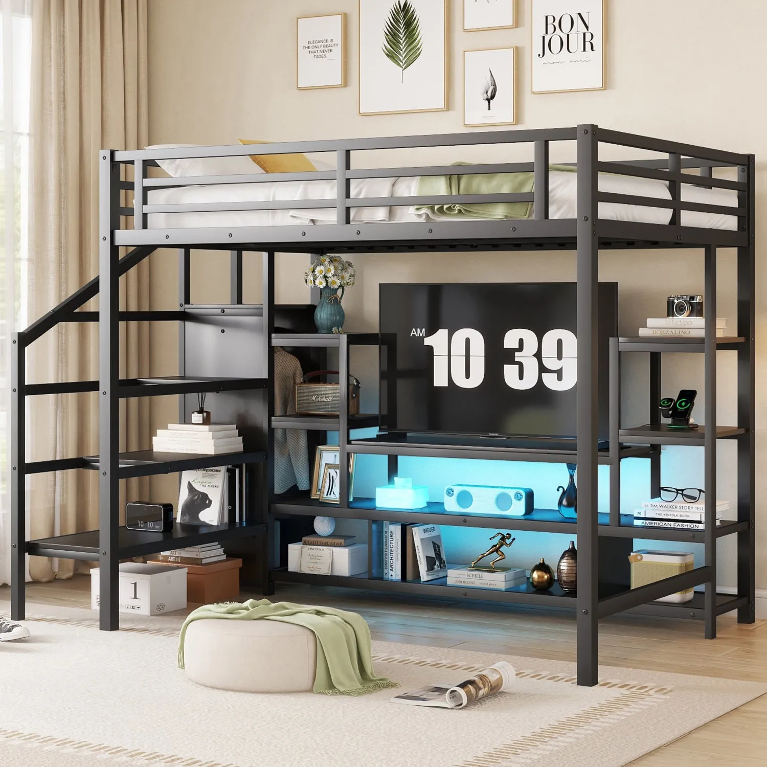 Streamdale Full Size Black Metal Loft Bed with Stairs & Wardrobe