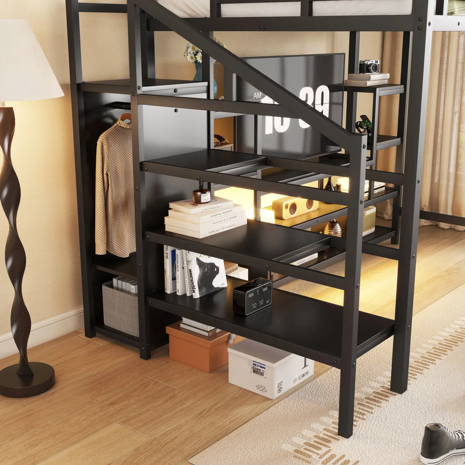 Streamdale Full Size Black Metal Loft Bed with Stairs & Wardrobe