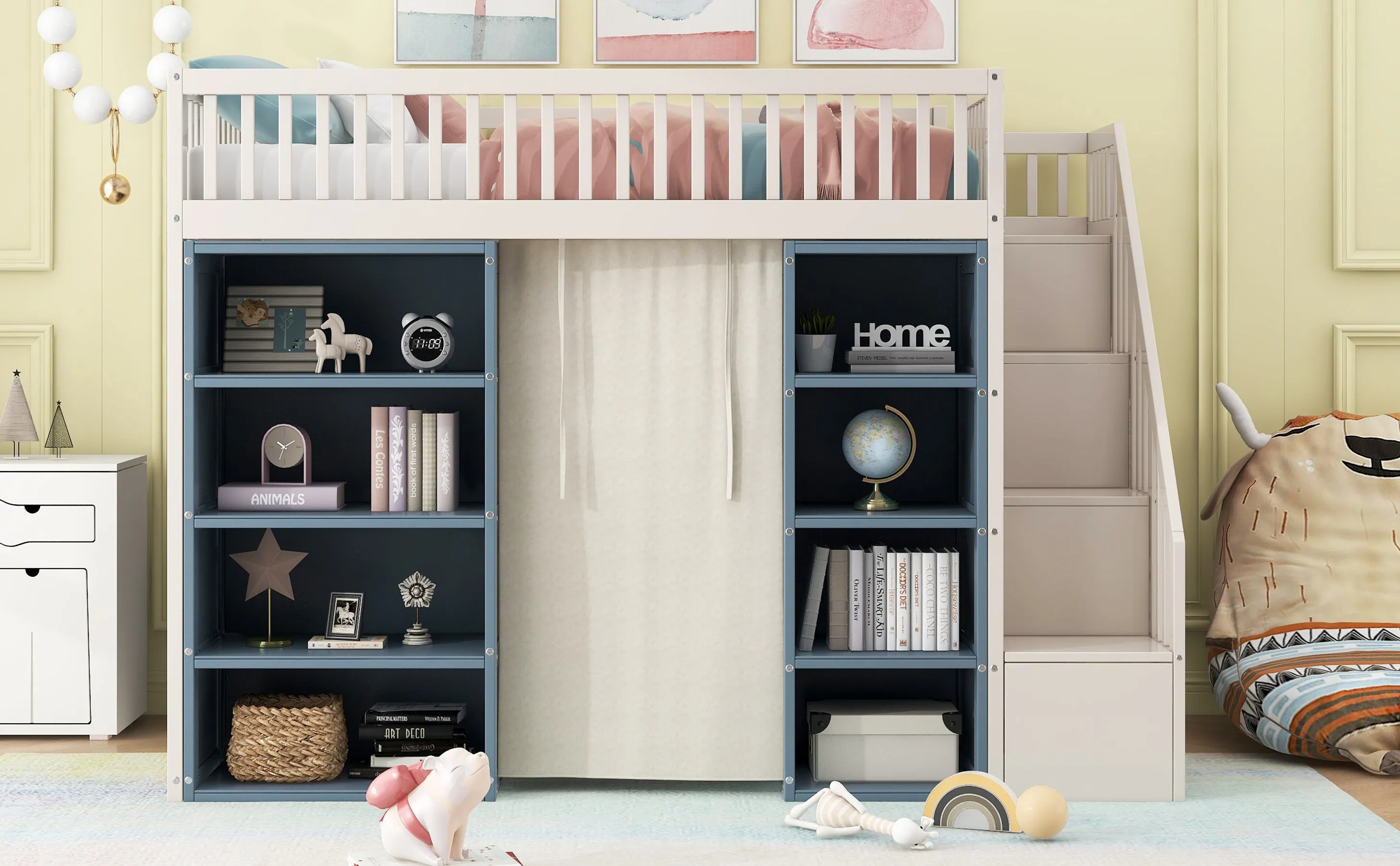 Streamdale Full Size Loft Bed with 2 Four-layer Storage Cabinets and Curtain
