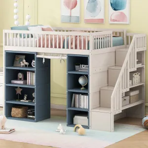 Streamdale Full Size Loft Bed with 2 Four-layer Storage Cabinets and Curtain