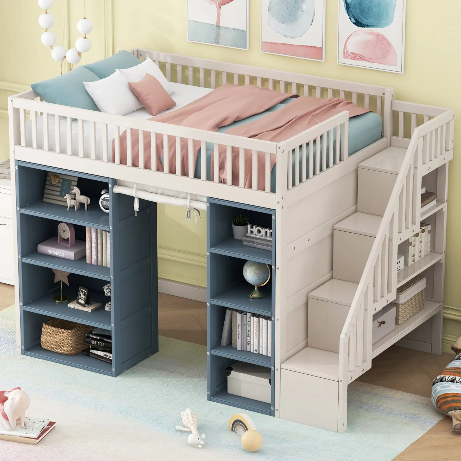 Streamdale Full Size Loft Bed with 2 Four-layer Storage Cabinets and Curtain