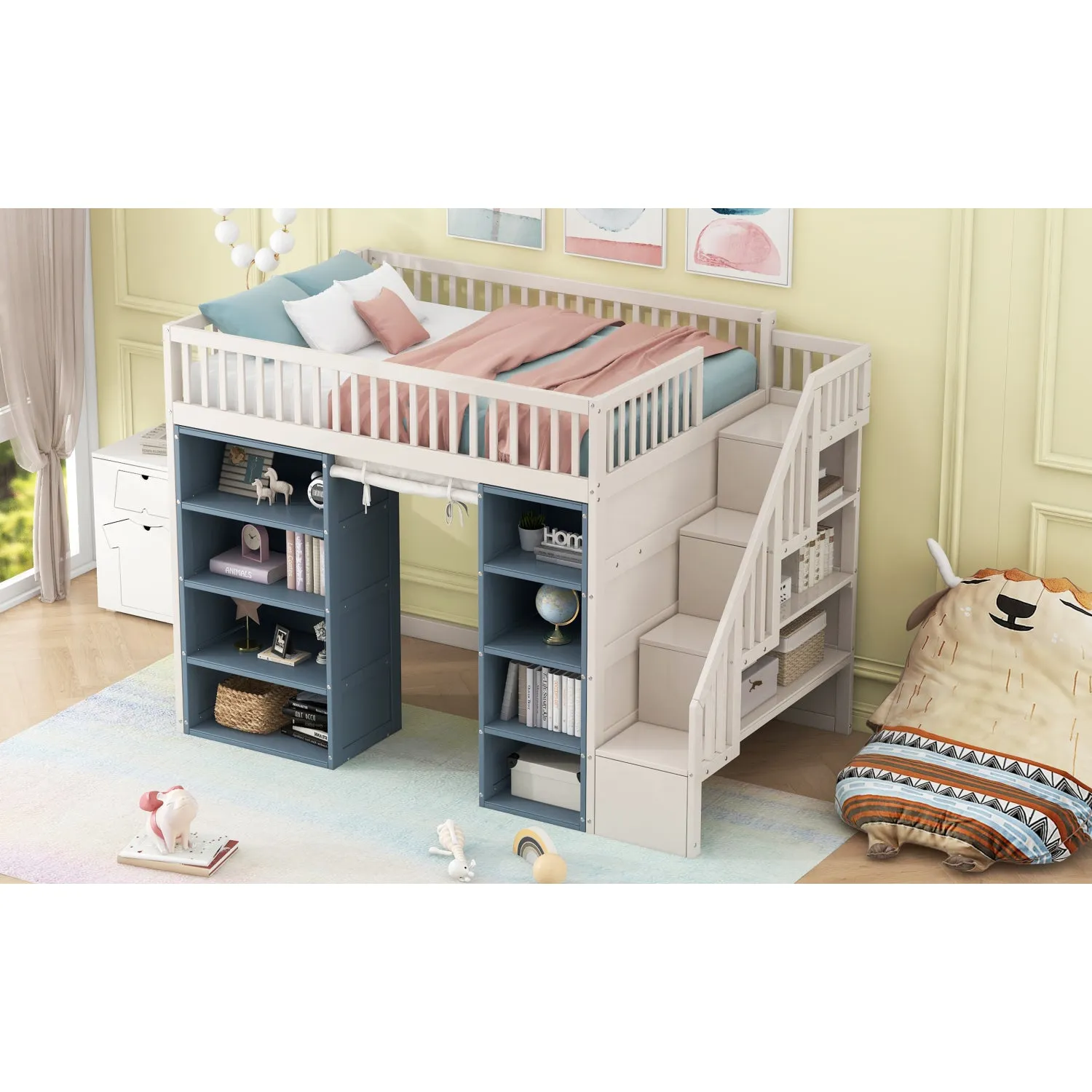 Streamdale Full Size Loft Bed with 2 Four-layer Storage Cabinets and Curtain