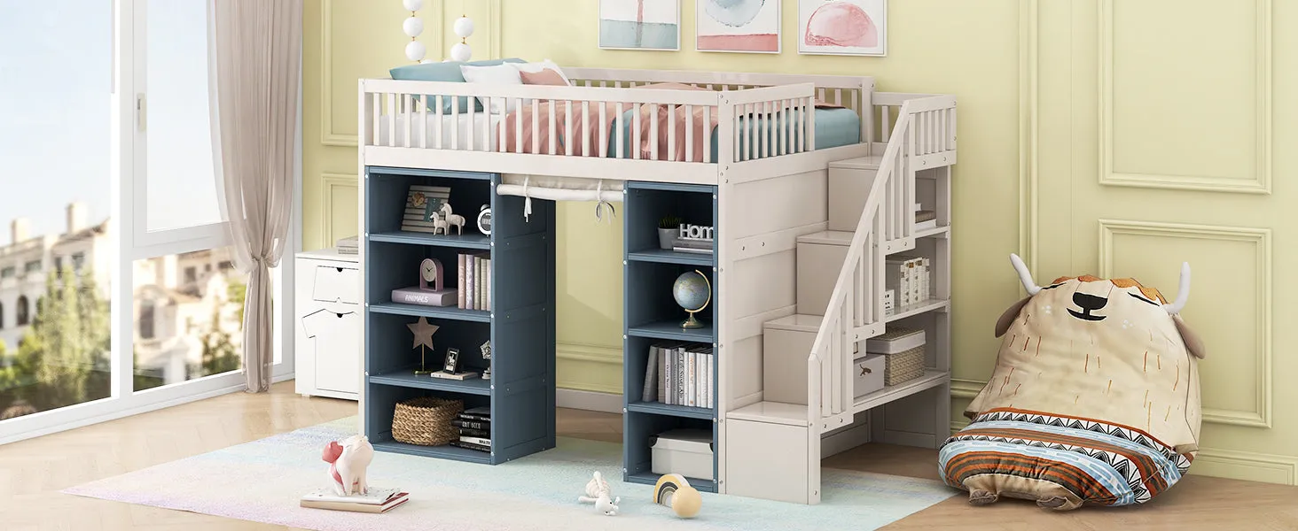 Streamdale Full Size Loft Bed with 2 Four-layer Storage Cabinets and Curtain