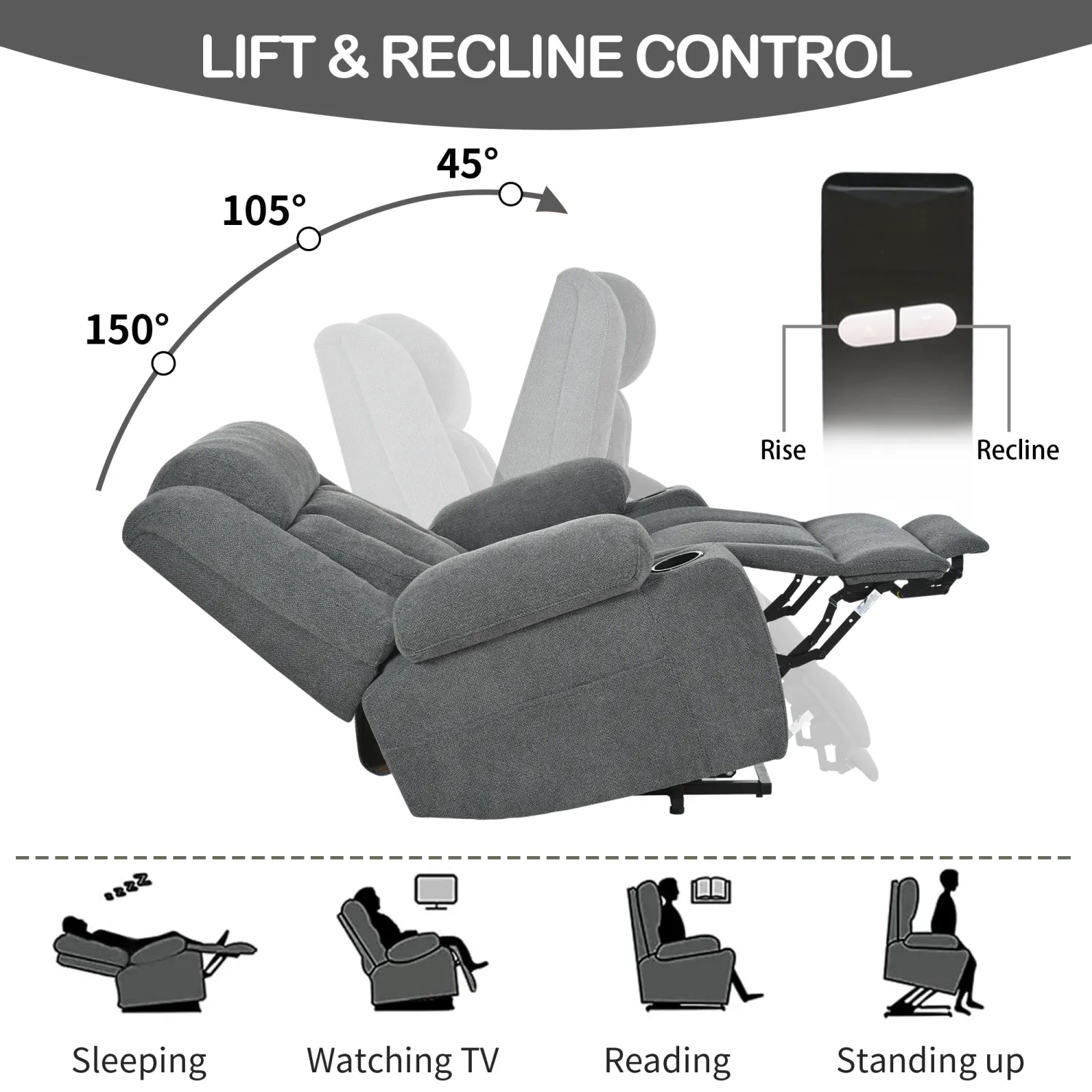 Streamdale Power Lift Recliner Chair, Extended Footrest, Cup Holders - Dark Gray