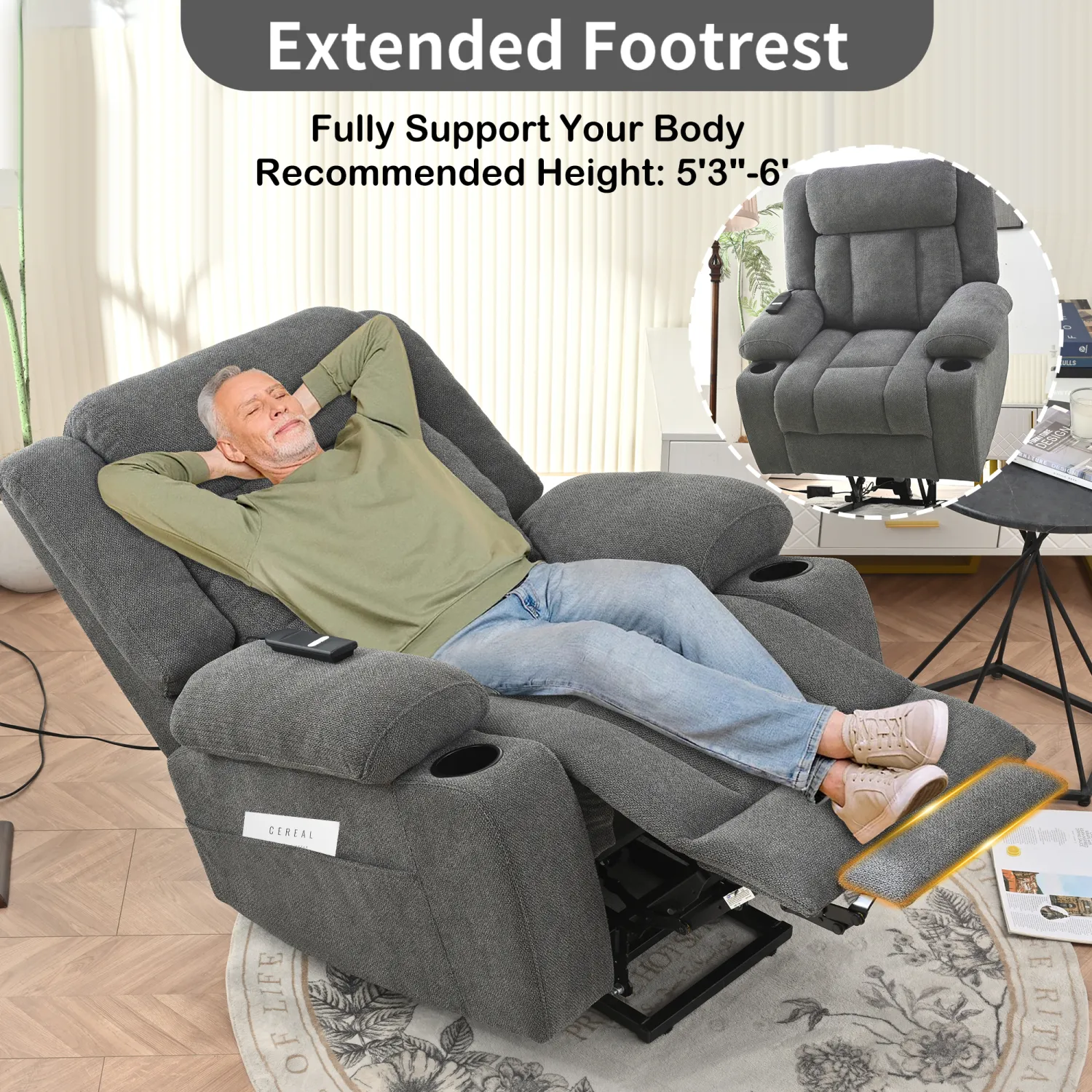 Streamdale Power Lift Recliner Chair, Extended Footrest, Cup Holders - Dark Gray