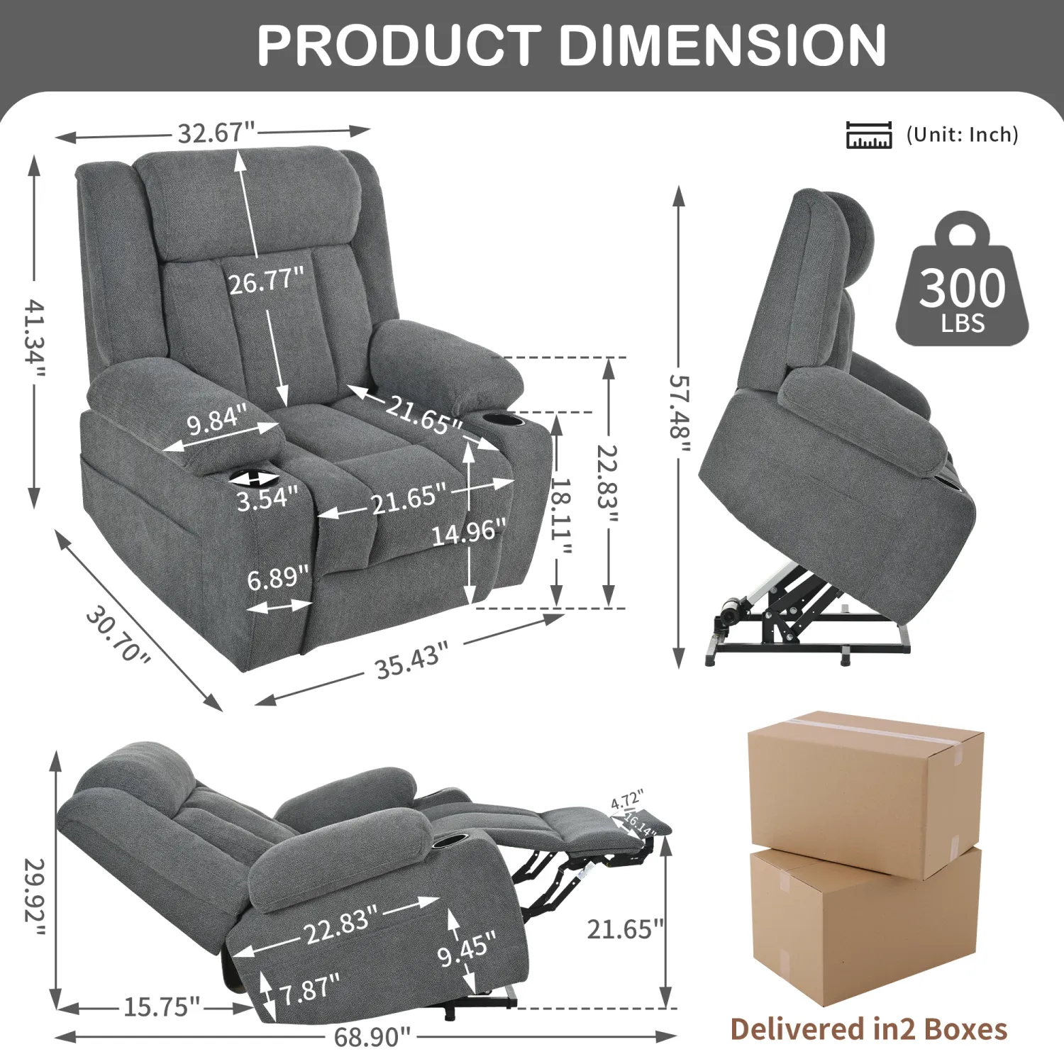 Streamdale Power Lift Recliner Chair, Extended Footrest, Cup Holders - Dark Gray